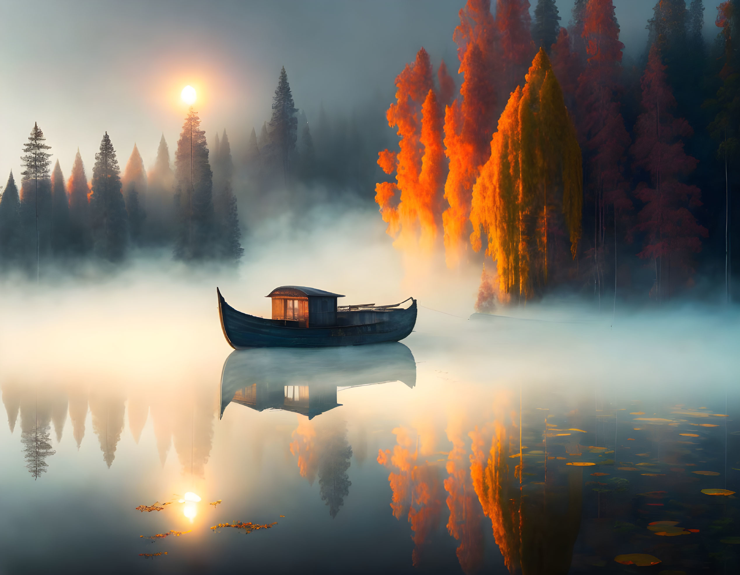 Autumn lake scene with wooden boat, mist, colorful trees at sunrise