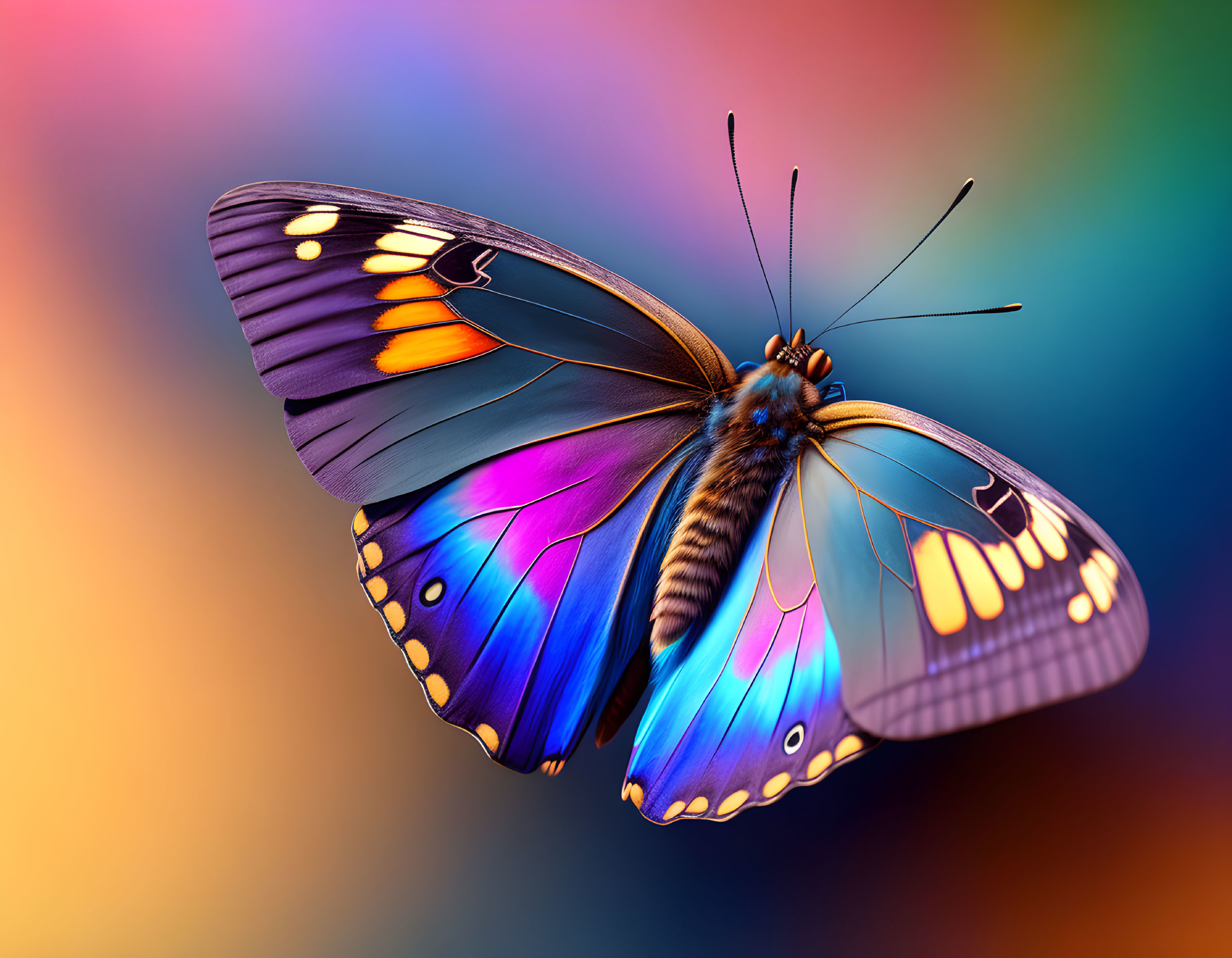 Colorful Butterfly with Blue, Purple, and Orange Wings on Multicolored Background