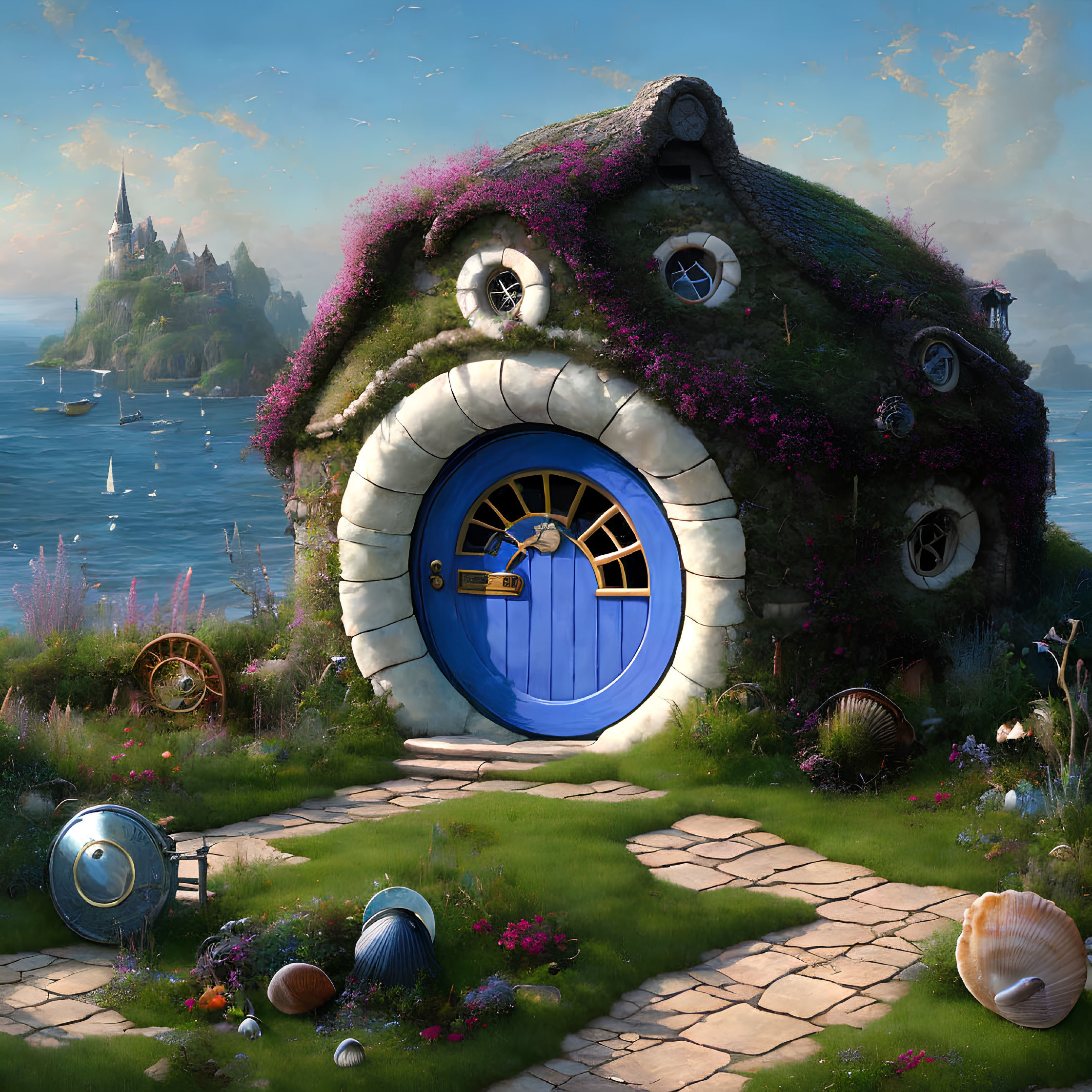 Whimsical cottage with blue round door in seaside landscape