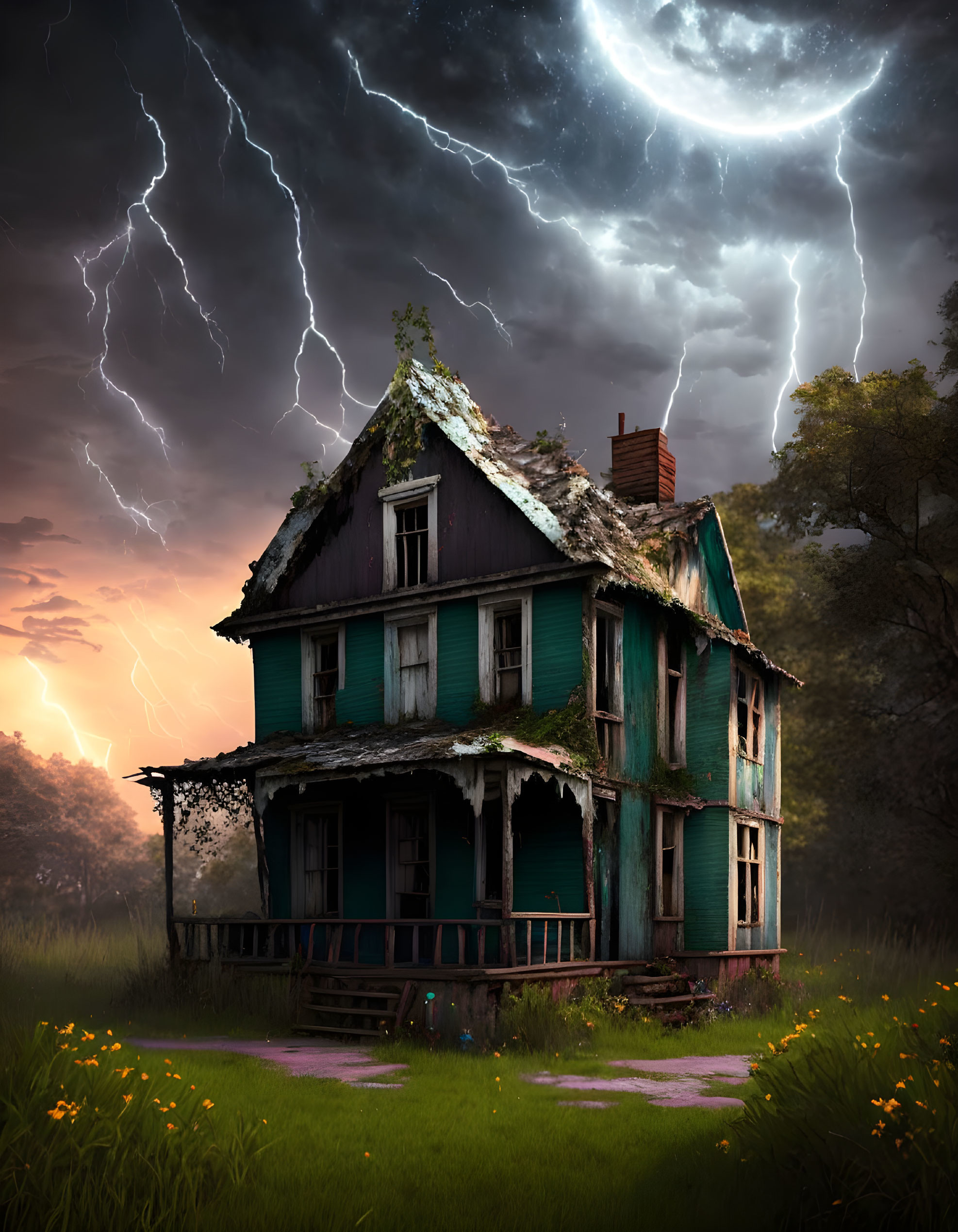 Weathered two-story house with peeling teal paint under stormy sky.