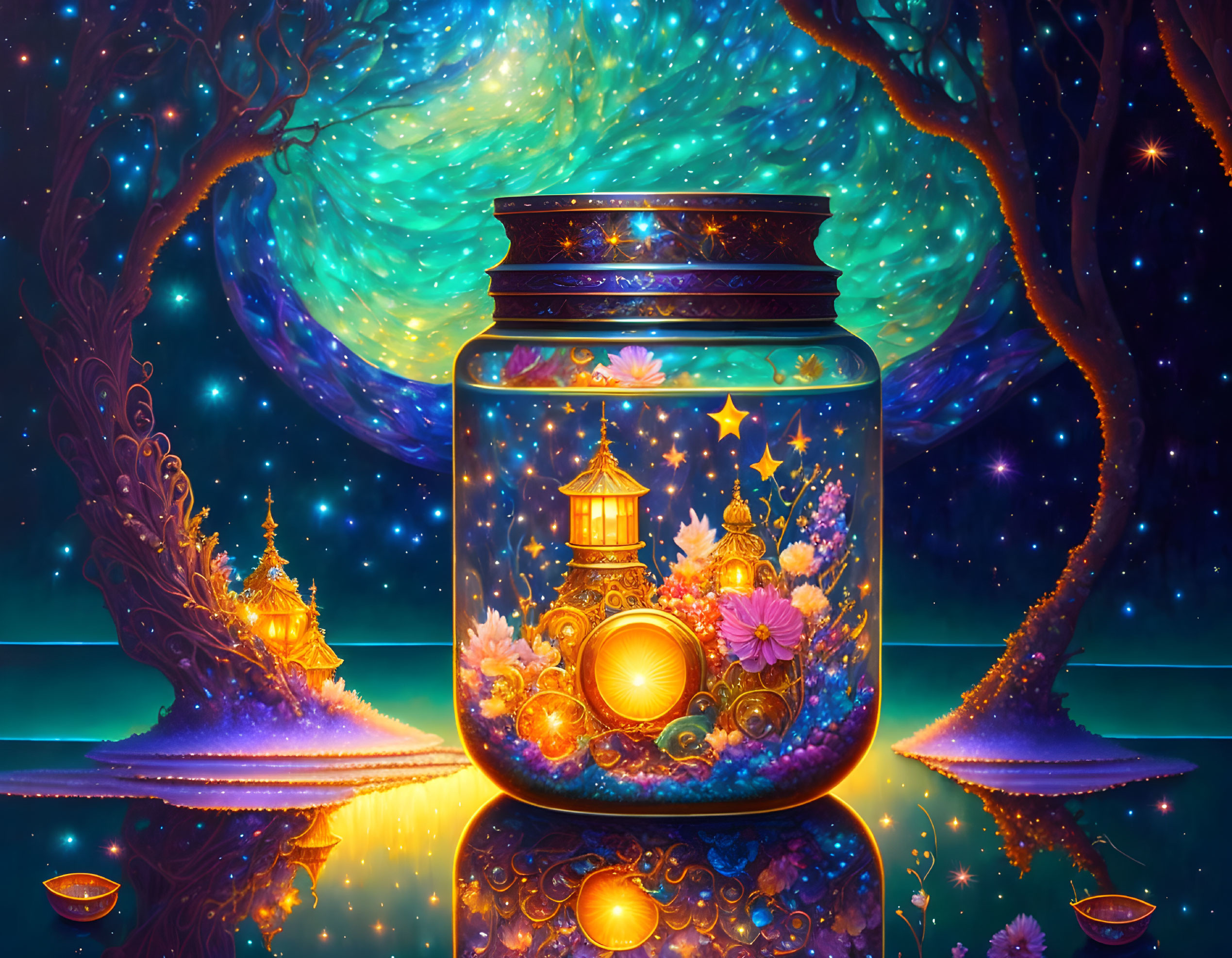 Lantern, flowers, and galaxies in glass jar under starry sky