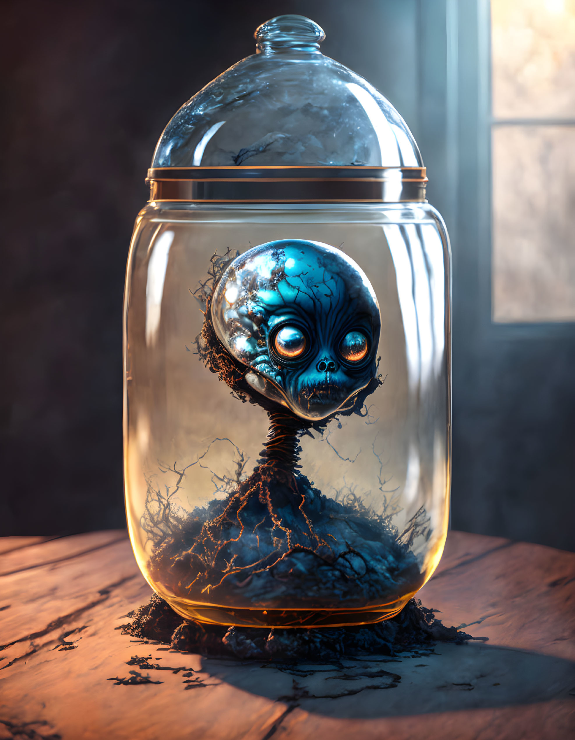 Surreal tree-like creature with blue head and large eyes in sealed glass jar