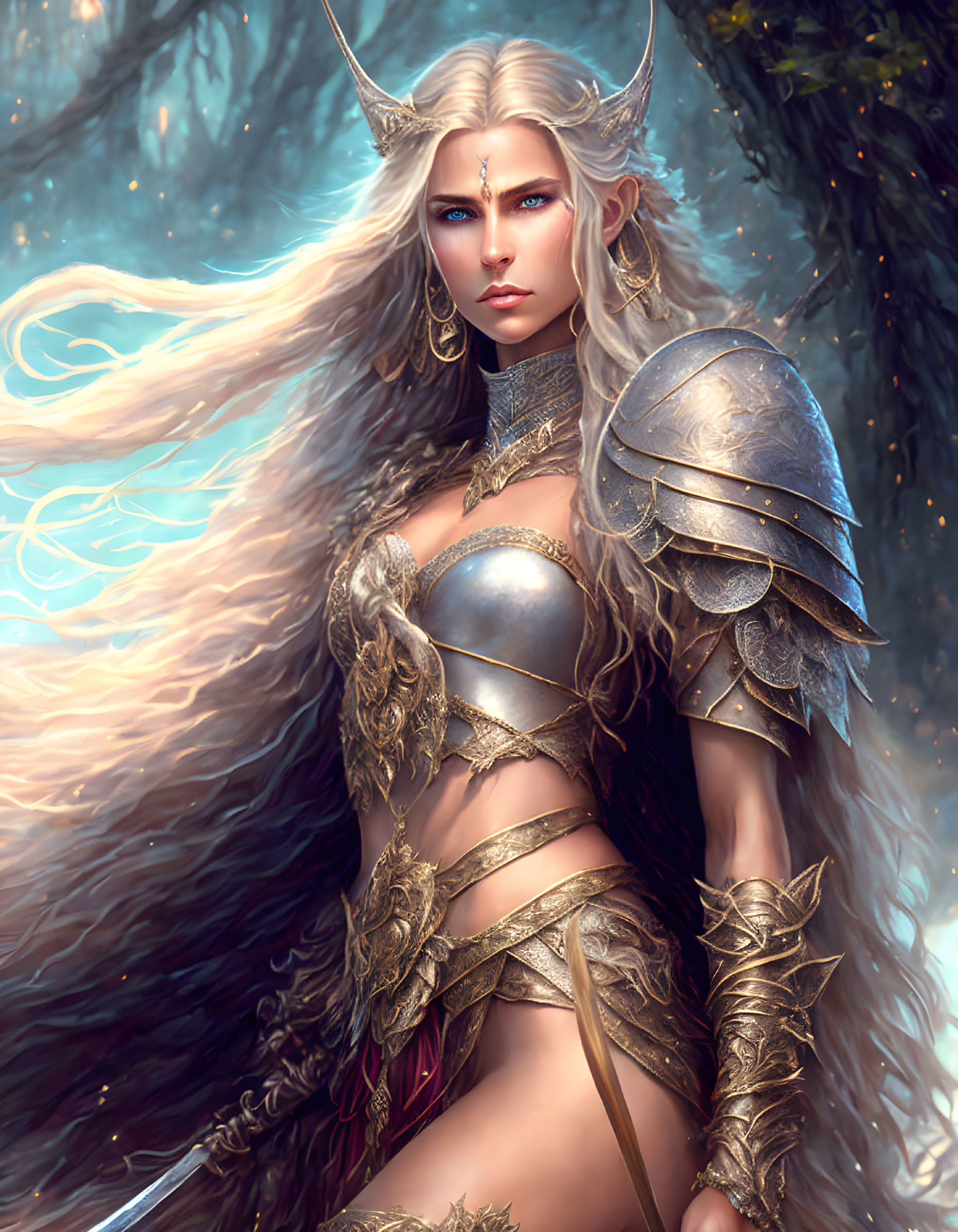 Fantasy warrior in golden armor with glowing blue eyes and mystical blue light.