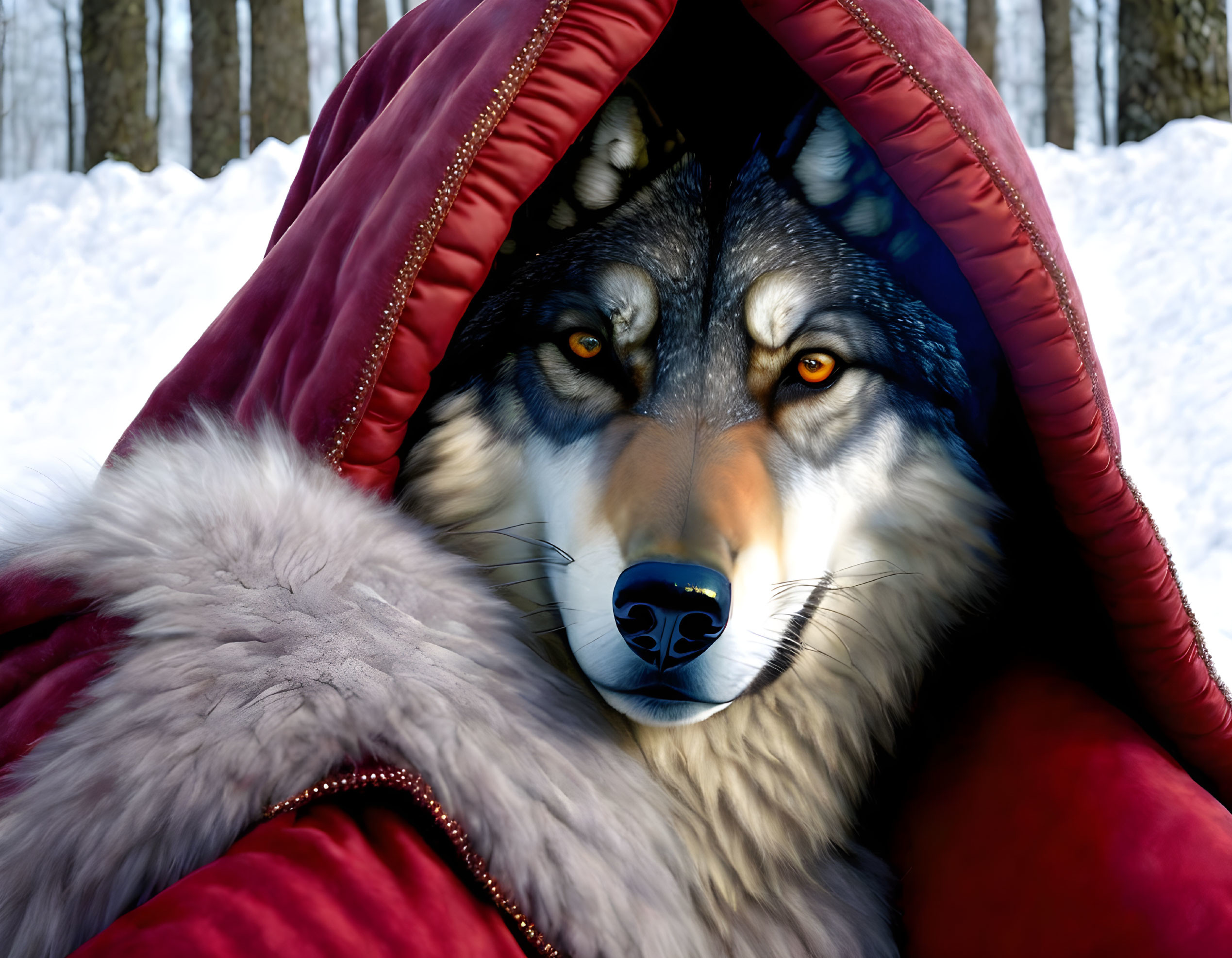 Digital Artwork: Wolf Face on Person's Body in Red Hooded Jacket