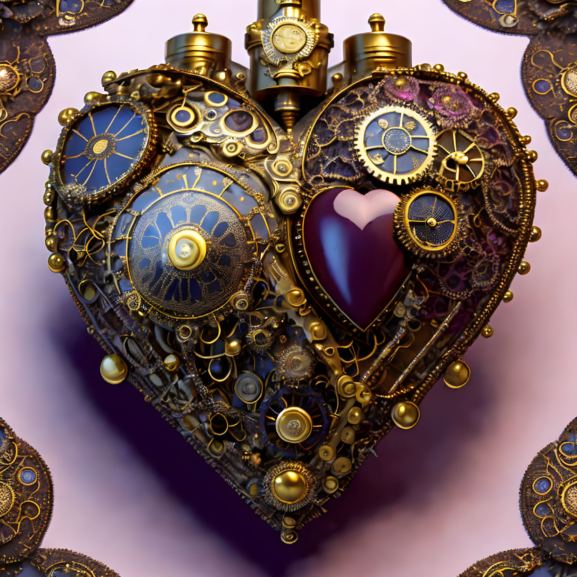 Intricate Steampunk Heart with Gears and Purple Gem on Lavender Background