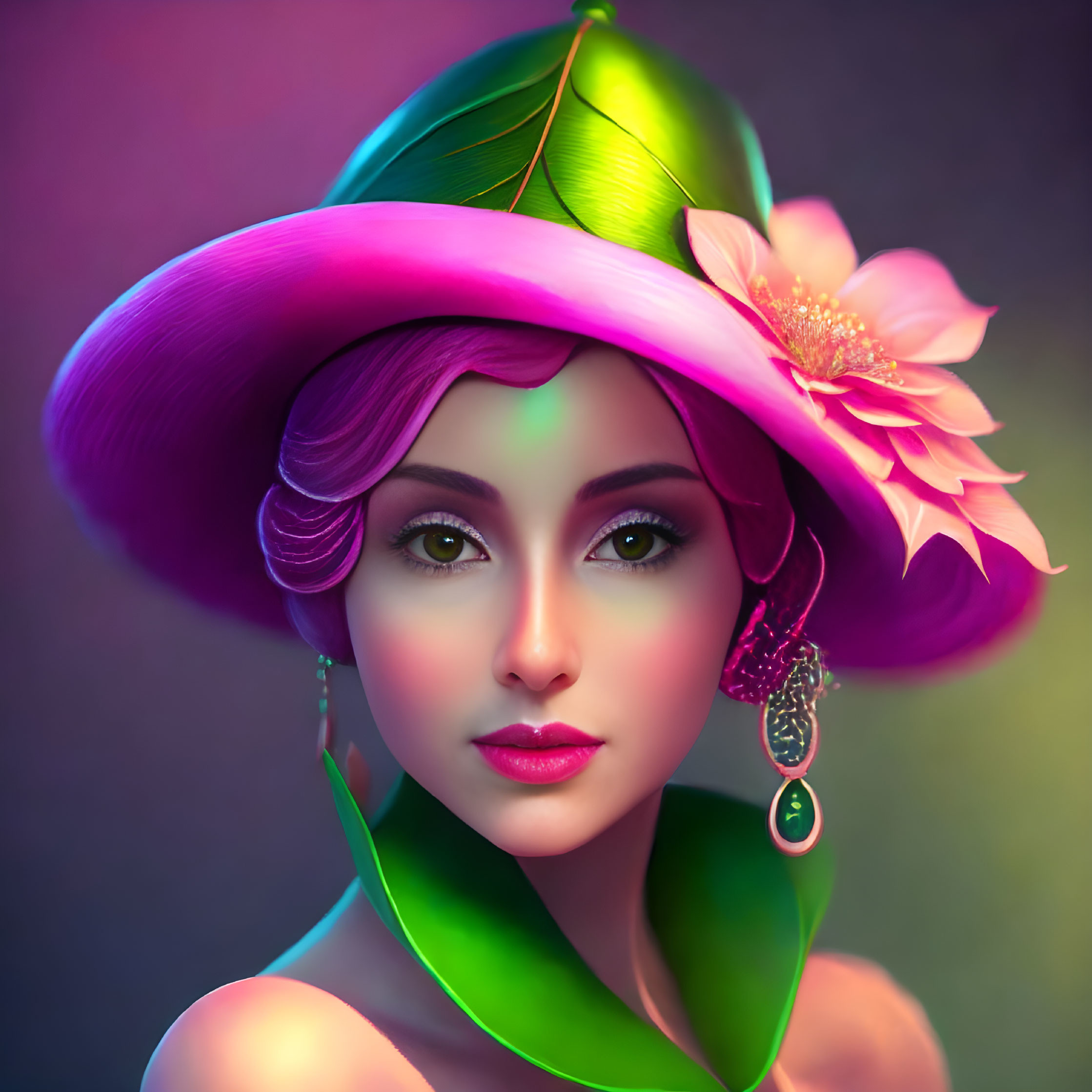 Digital artwork: Woman with purple hair, pink hat, and colorful background