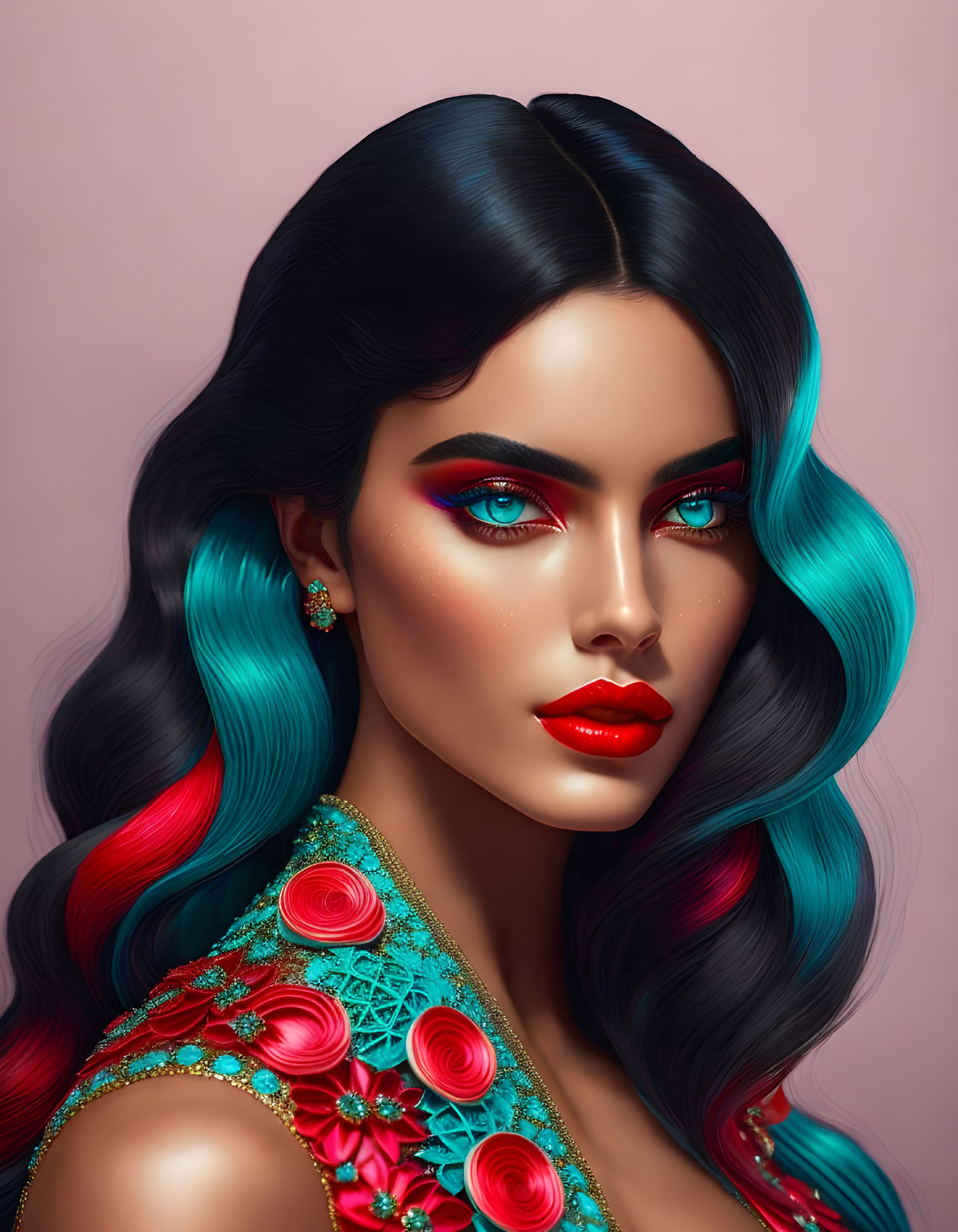 Woman with black and blue hair, red makeup, turquoise outfit, pink background