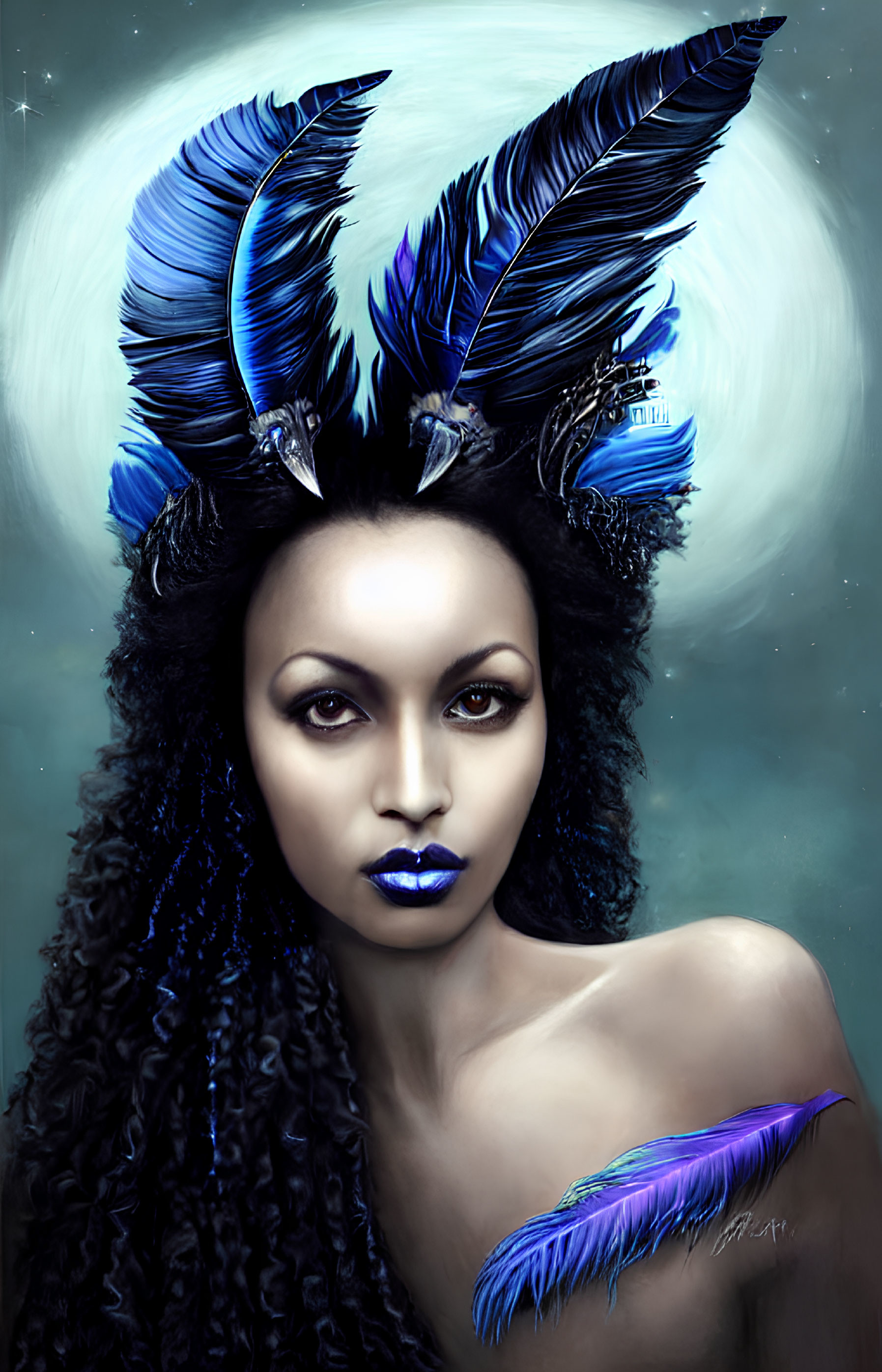 Digital portrait of woman with dark curly hair, blue lipstick, and feathered headpiece