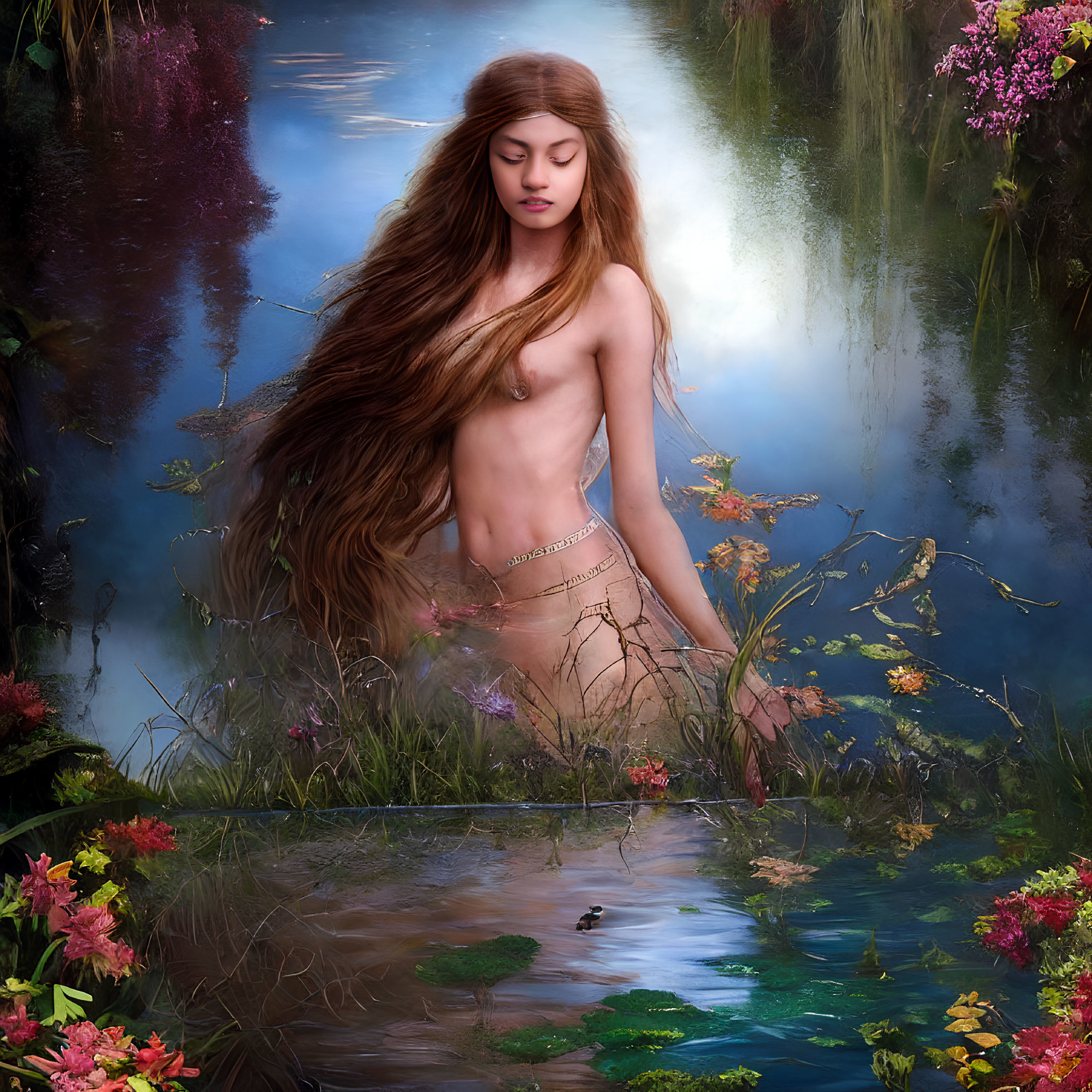 Tranquil scene: Woman with flowing hair by pond with lush surroundings