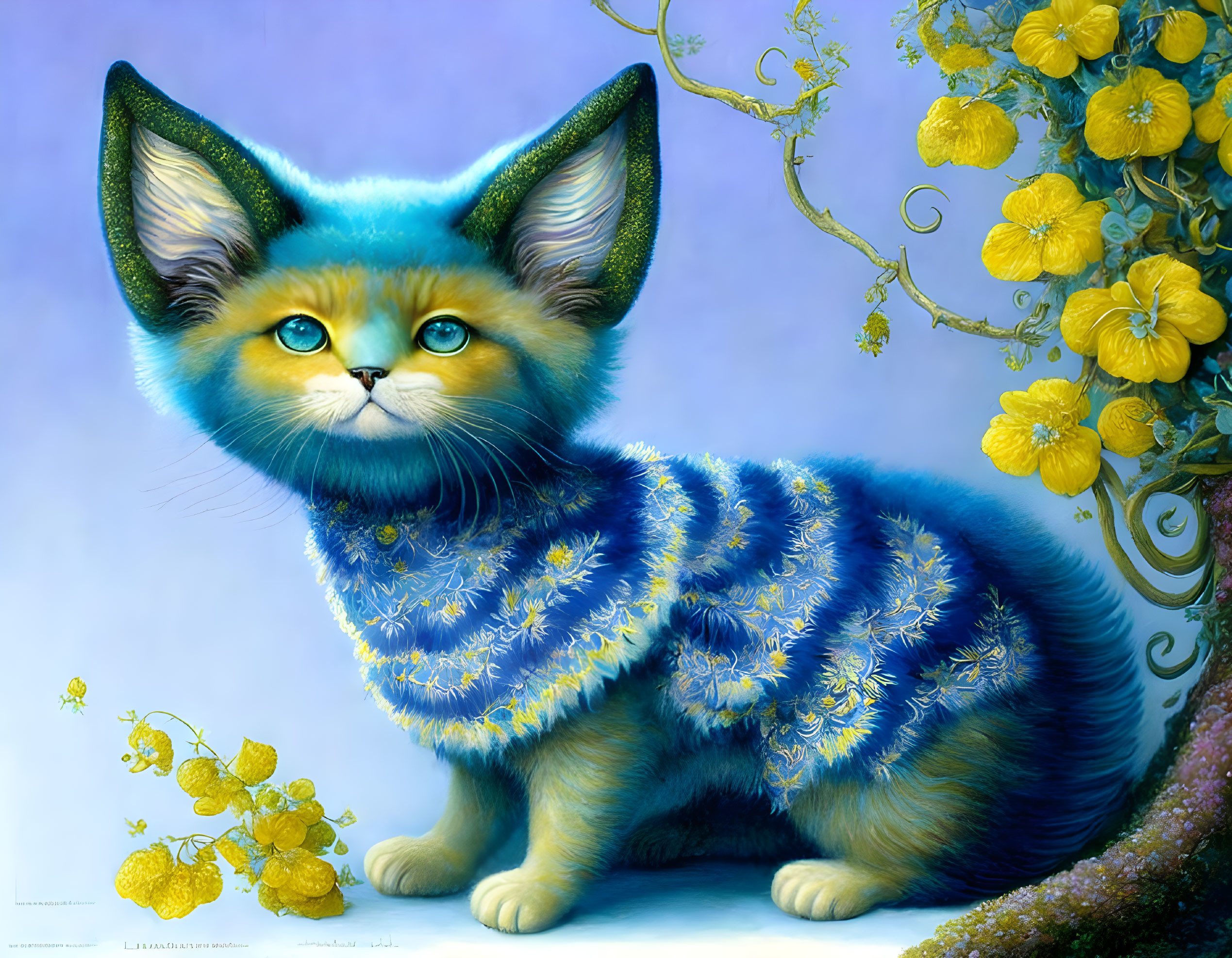 Blue-Furred Kitten with Starry Pattern and Yellow Flowers