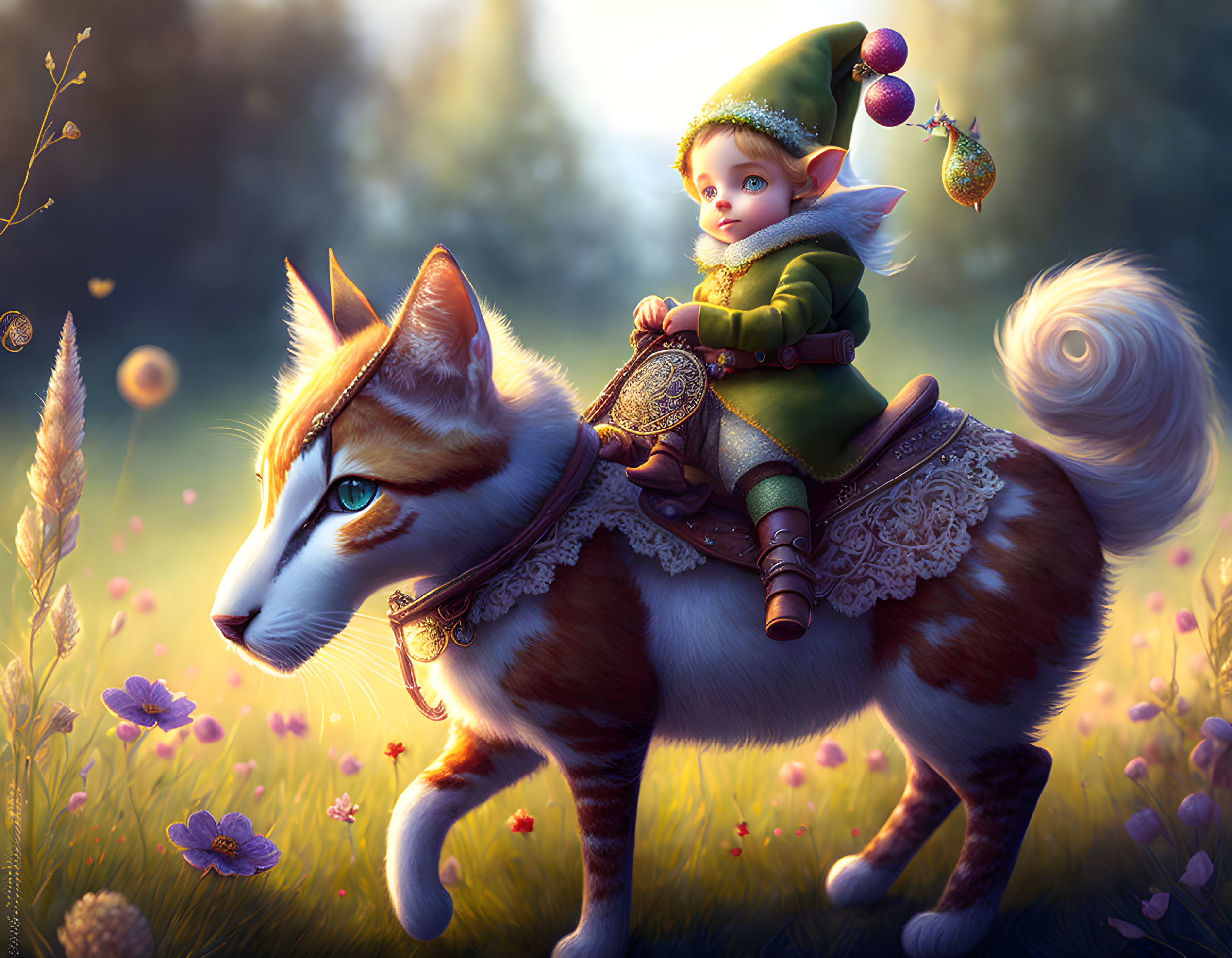 Child in green outfit riding majestic fox in lush meadow.