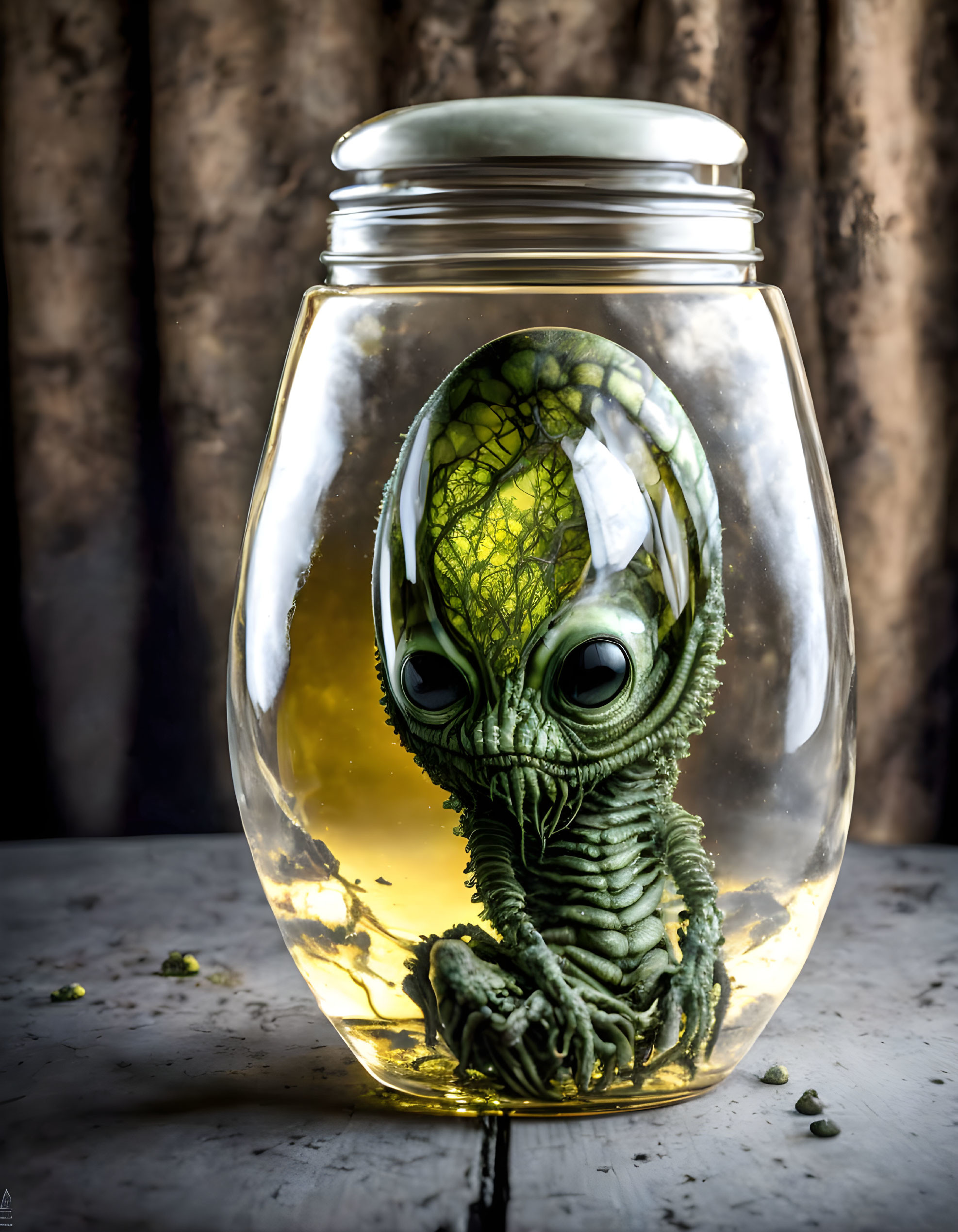 Alien creature in liquid in sealed jar on wooden backdrop