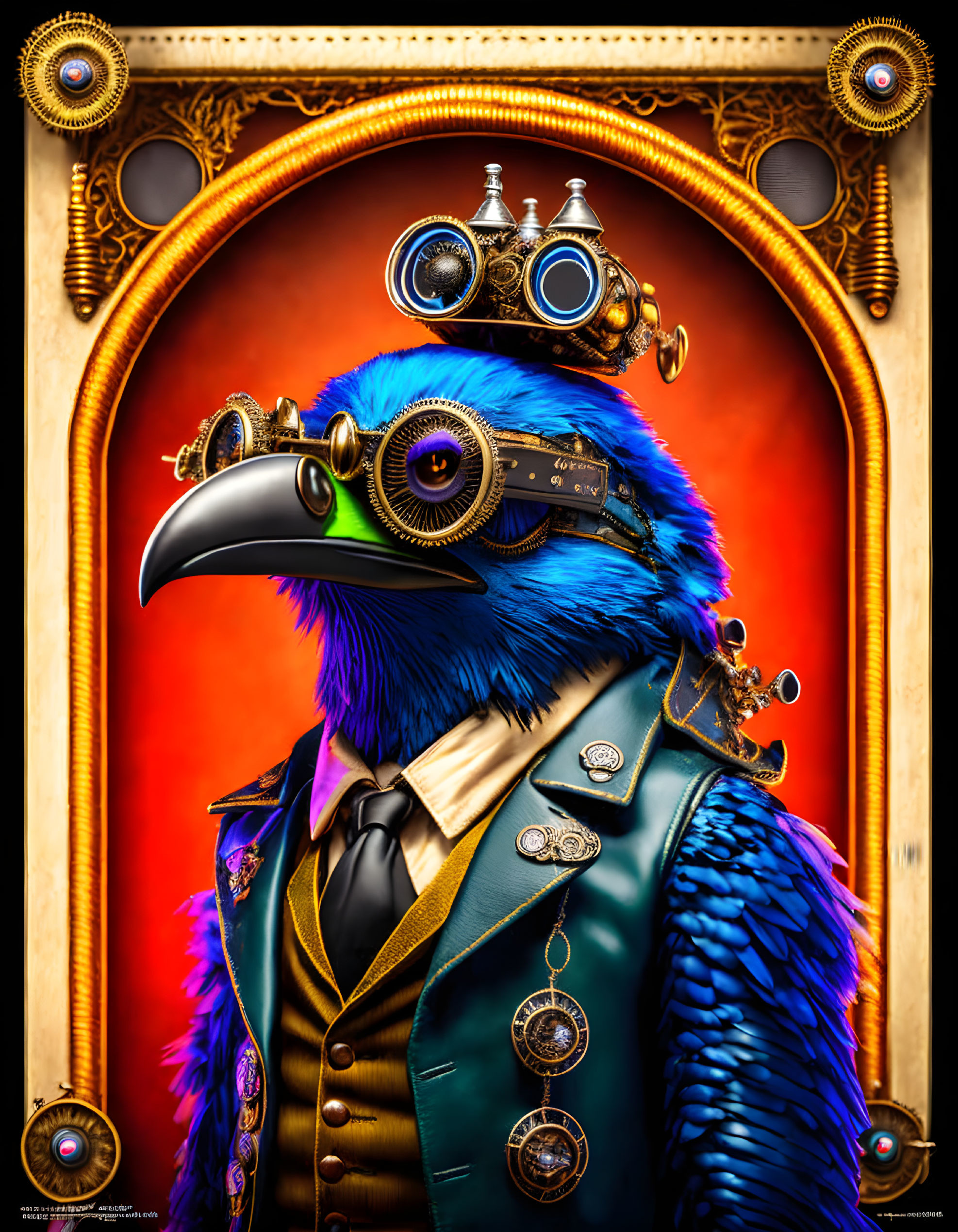 Surreal humanoid bird in Victorian steampunk attire with blue feathers