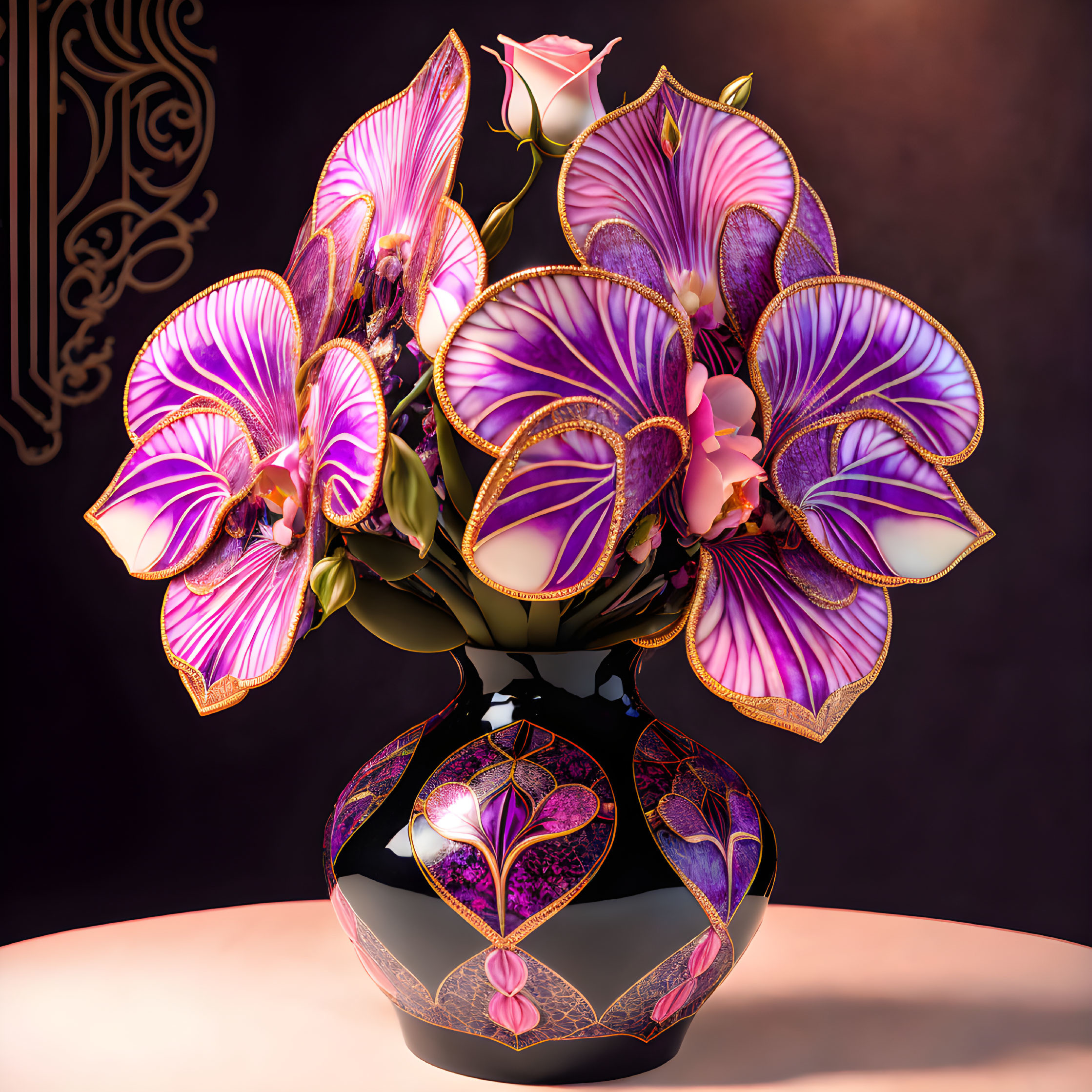 Purple and Pink Orchids in Black Vase with Gold and Pink Patterns