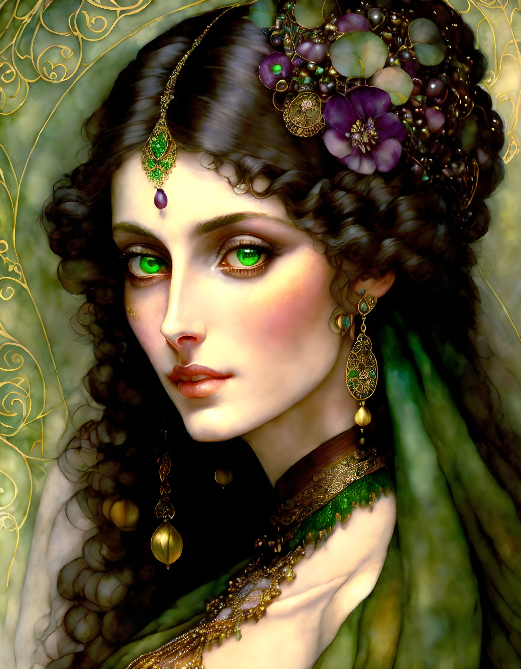 Portrait of Woman with Green Eyes and Gold Jewelry, Green Gem, and Purple Flowers