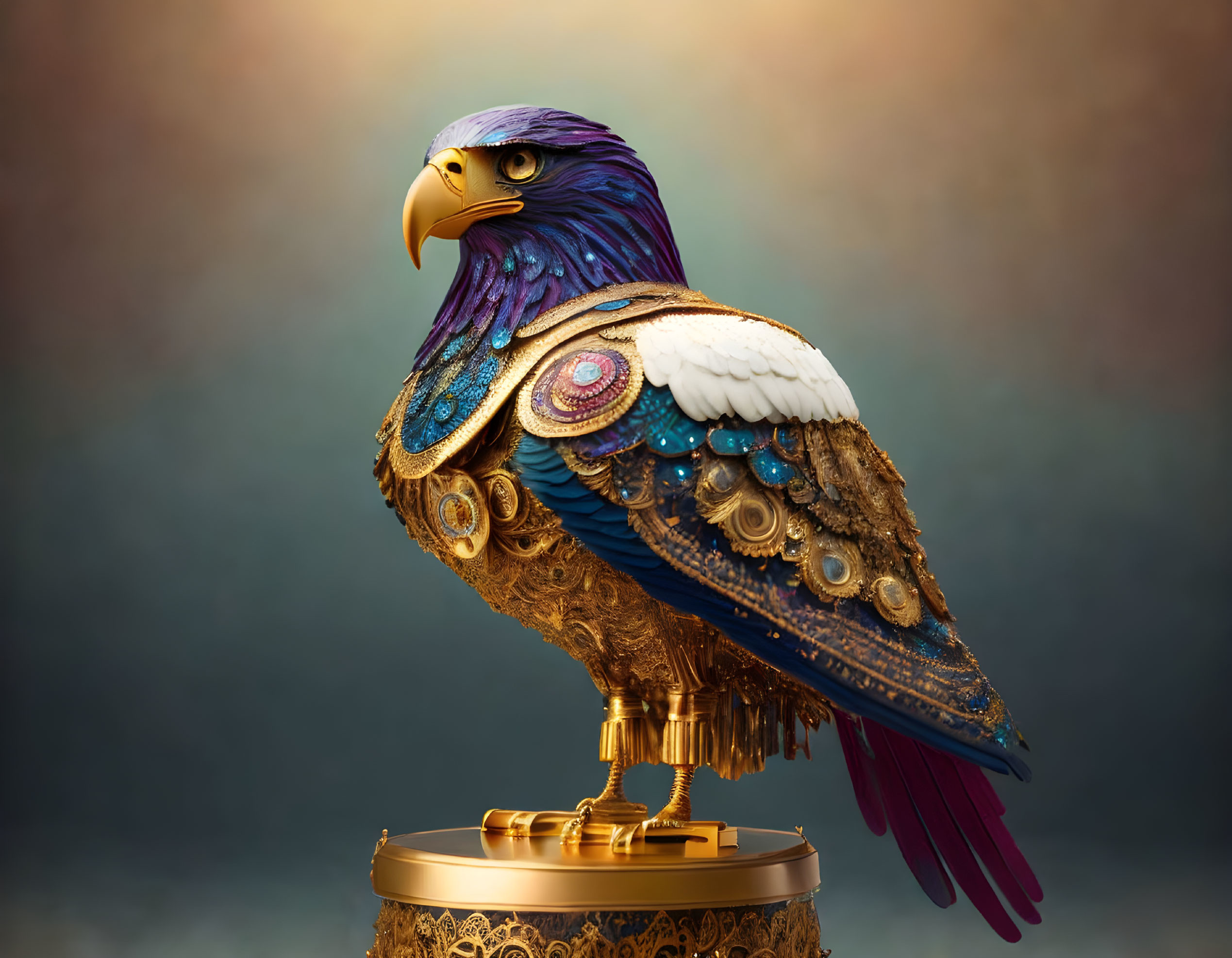 Intricate Mechanical Eagle with Golden Beak and Jeweled Body