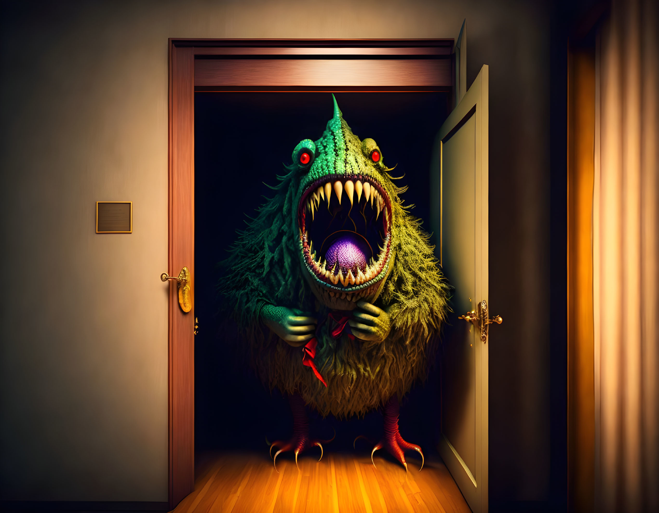 Green monster with big eyes and red shoes in doorway