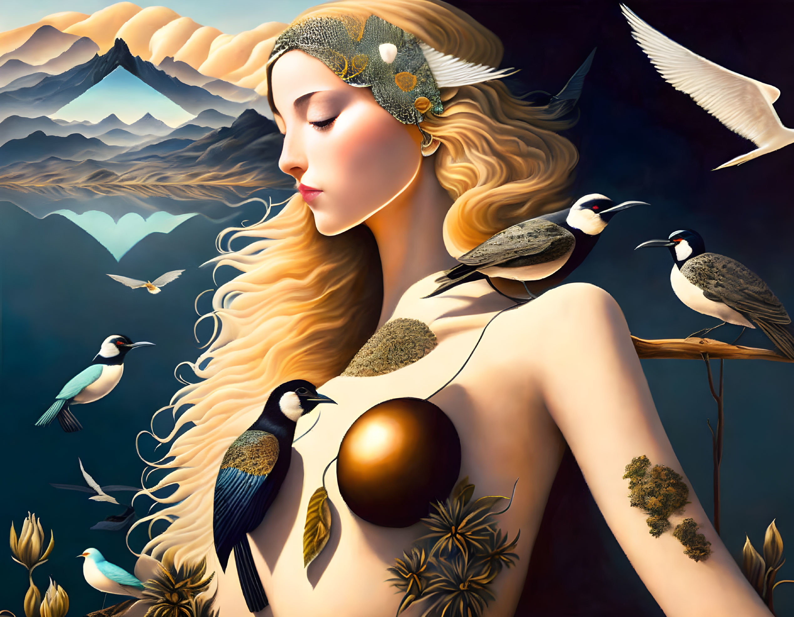 Surreal portrait of woman with wavy hair and birds in mountain landscape