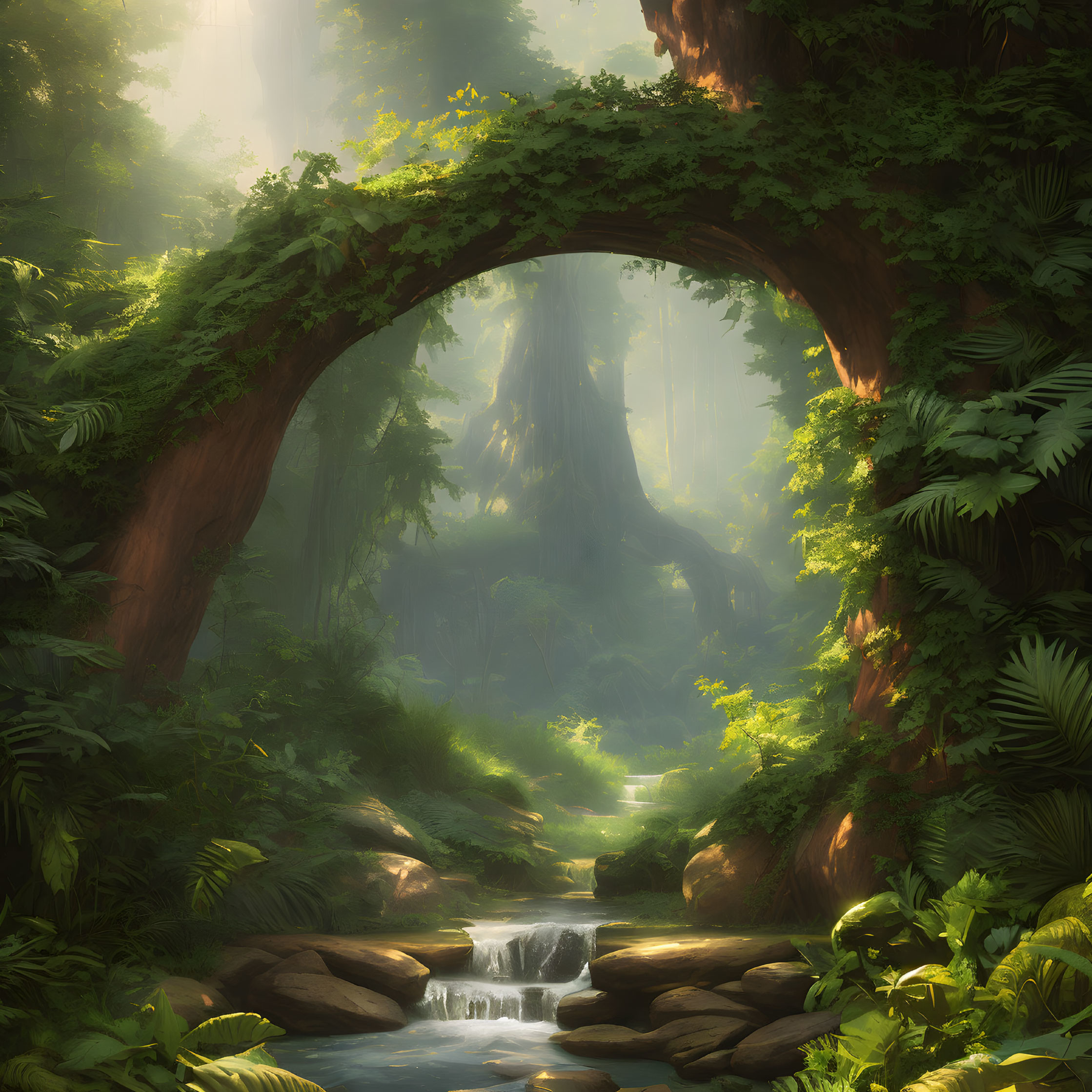 Tranquil forest landscape with creek and natural arch