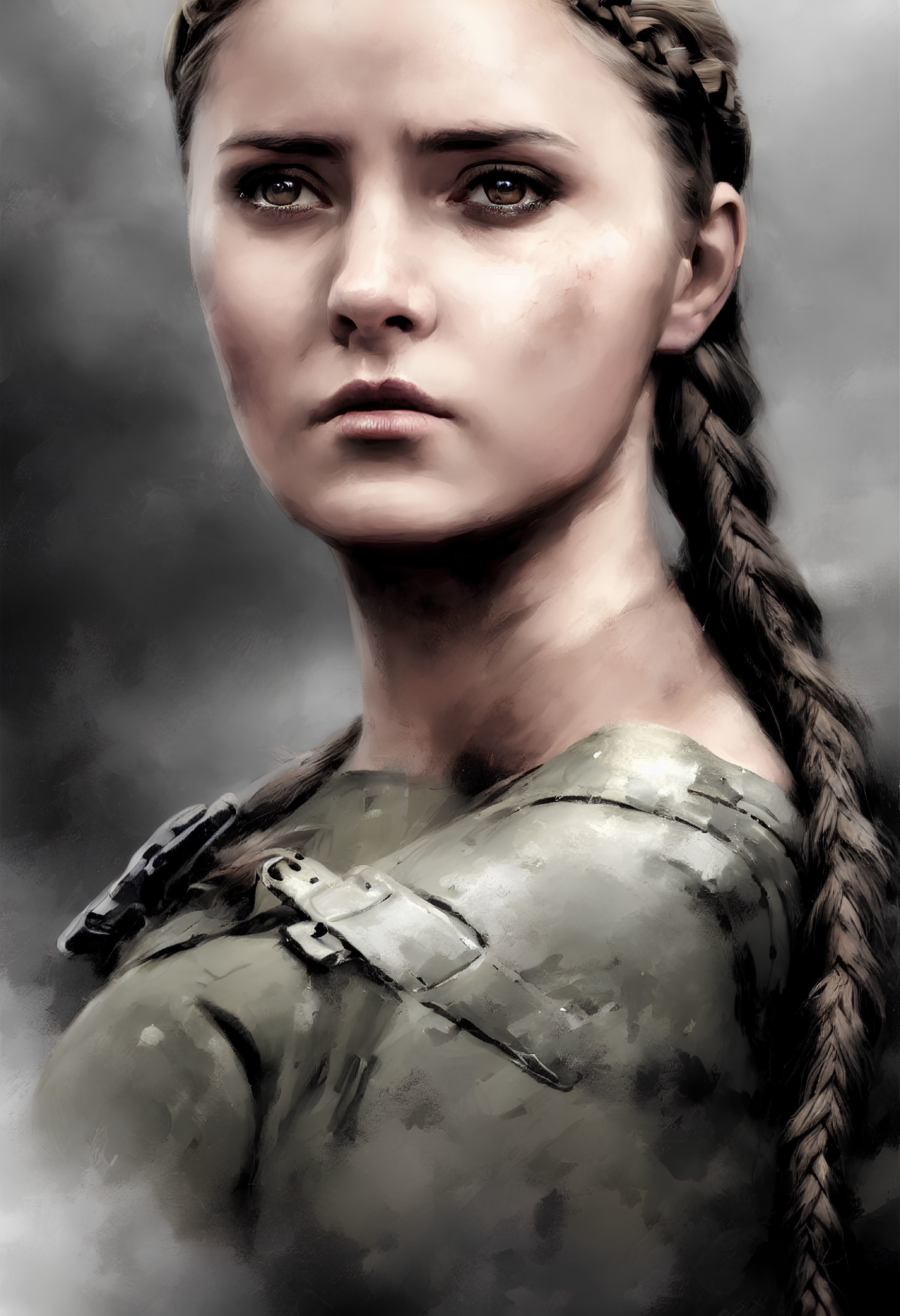 Digital artwork of a woman with braided side ponytail and intense gaze in gray outfit.