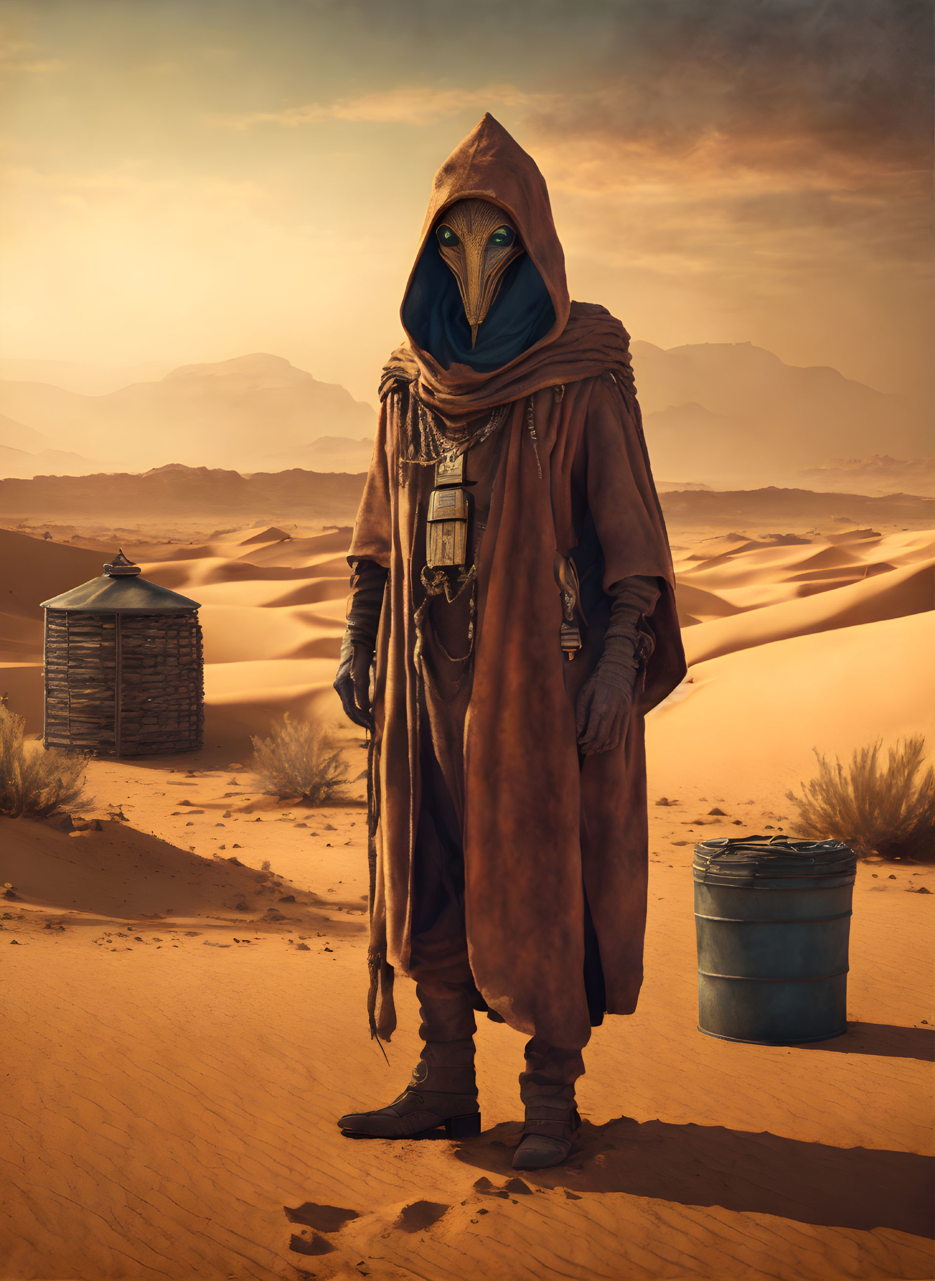 Mysterious cloaked figure in desert with rustic barrels and wooden structure