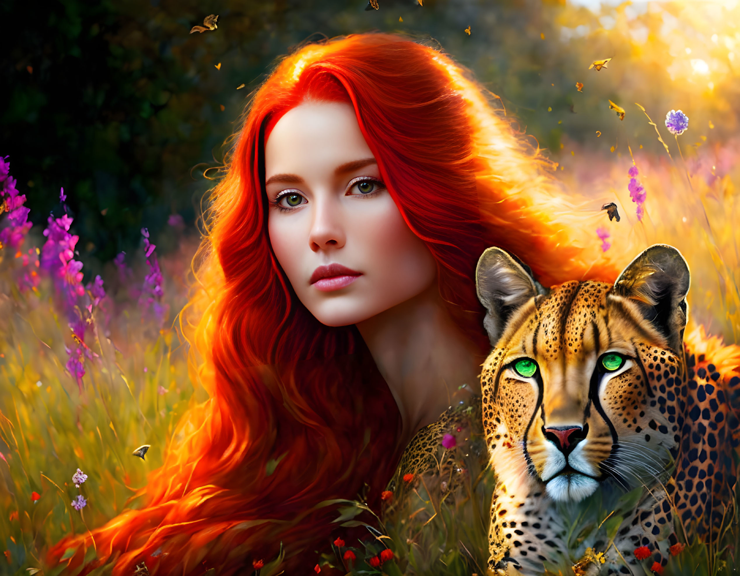 Digital artwork: Woman with red hair & cheetah in vibrant meadow.