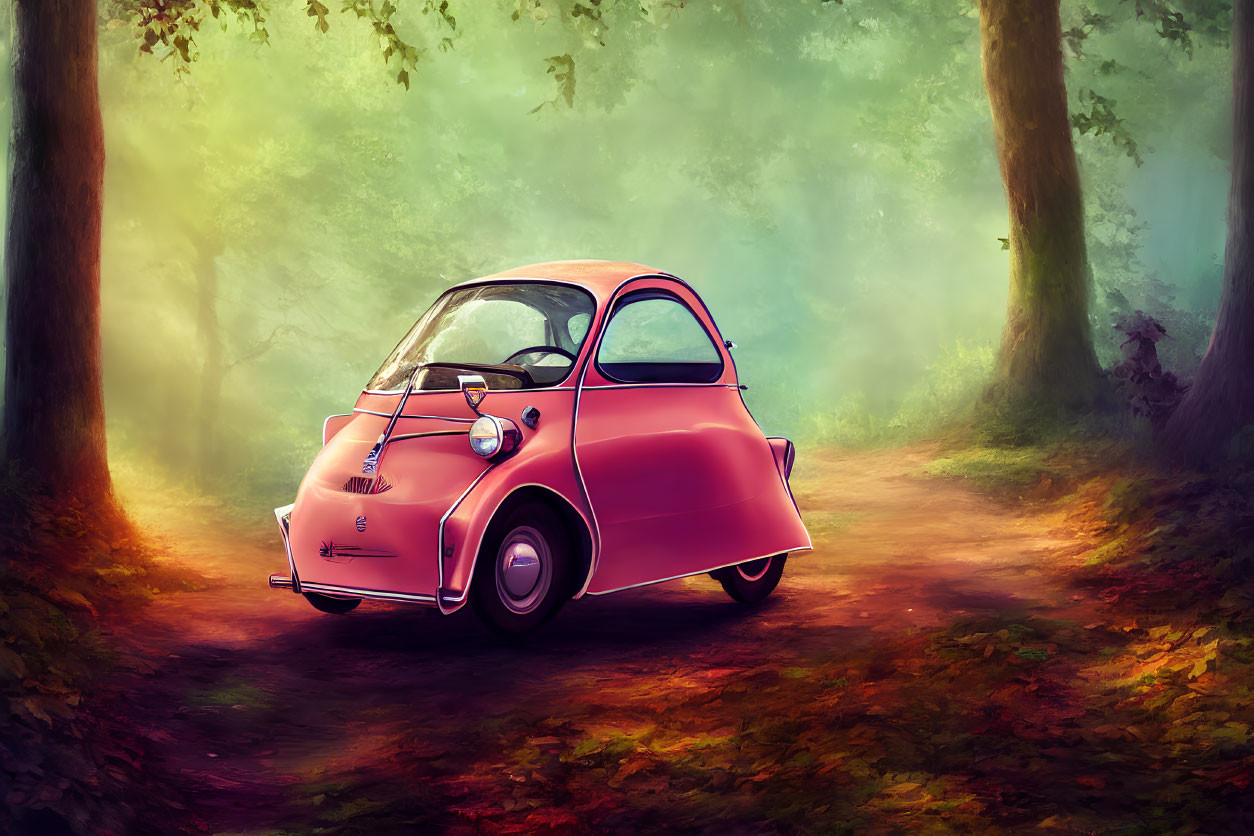 Vintage Pink Microcar Parked on Misty Forest Path