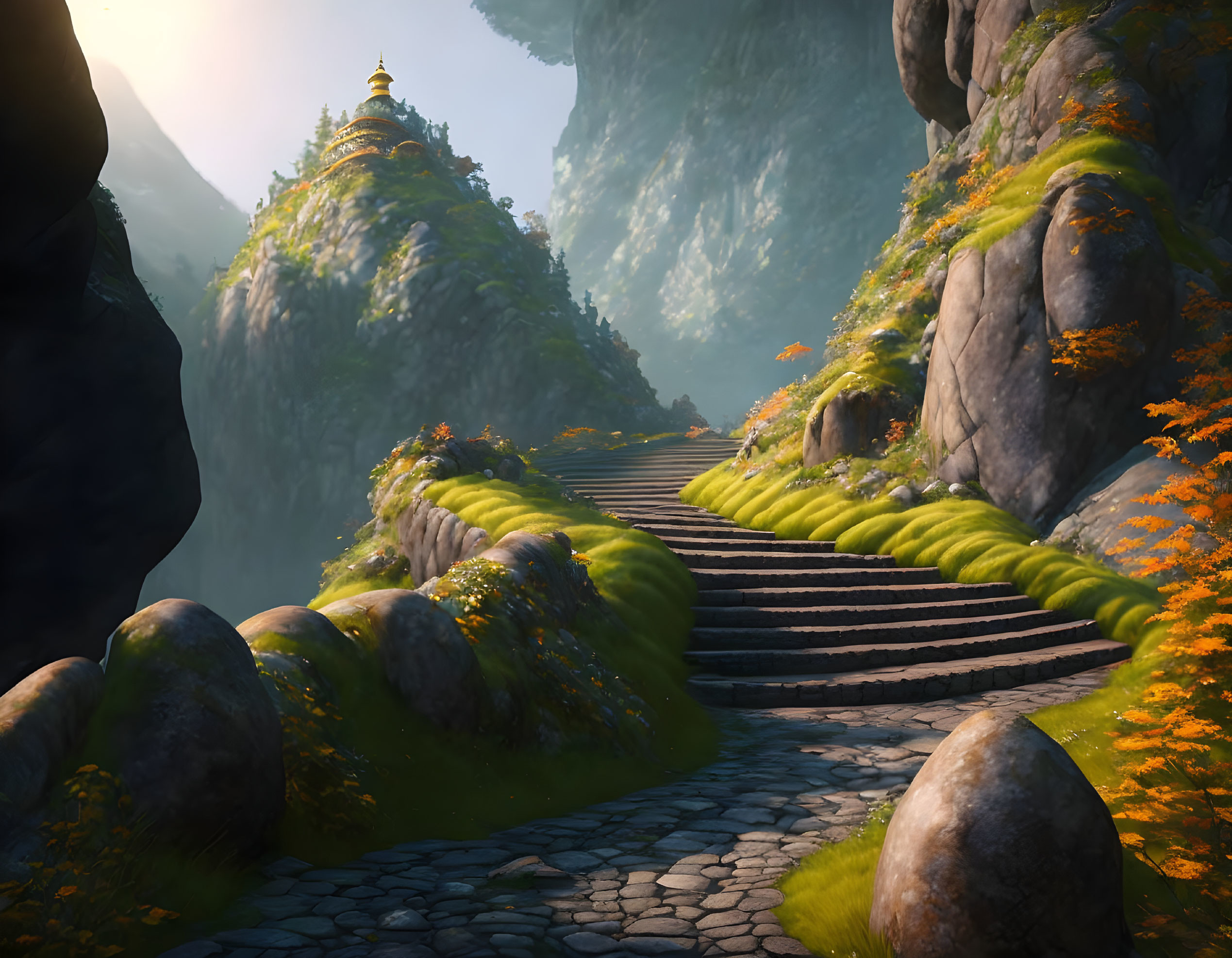 Lush Hillside Stone Steps and Golden Pagoda in Sunlit Valley