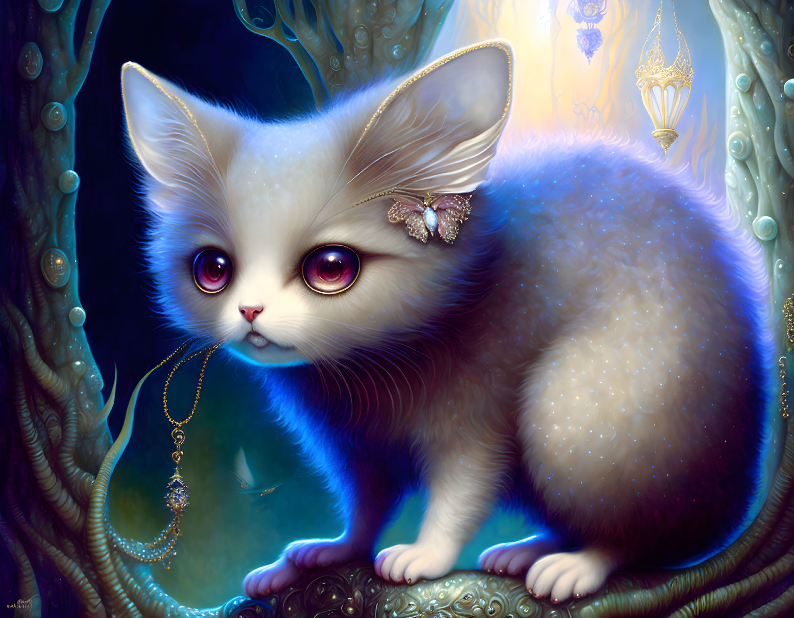 Fantastical kitten digital artwork with glowing eyes and gemstone accessories