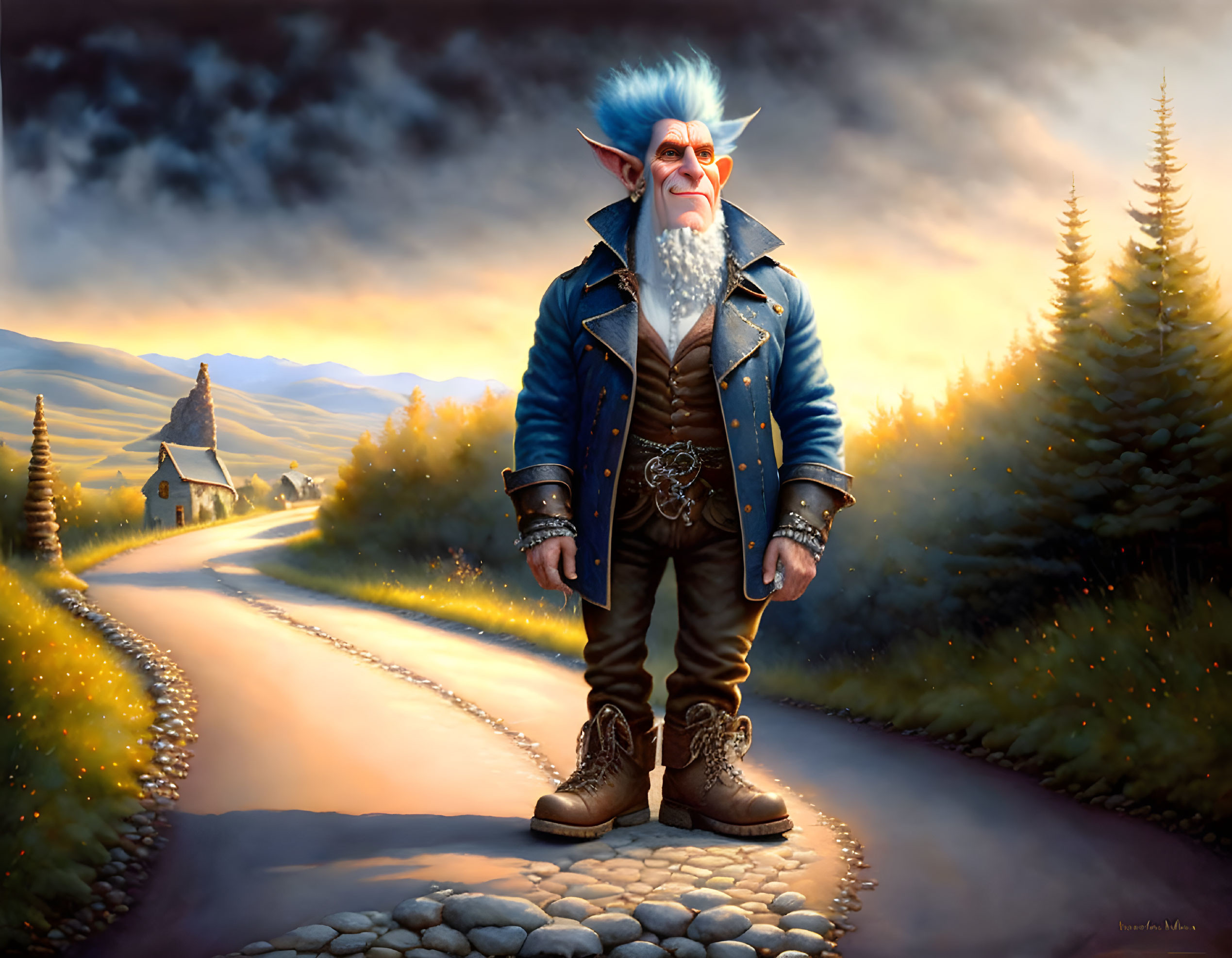 Elderly fantasy gnome on cobblestone road in village at dusk