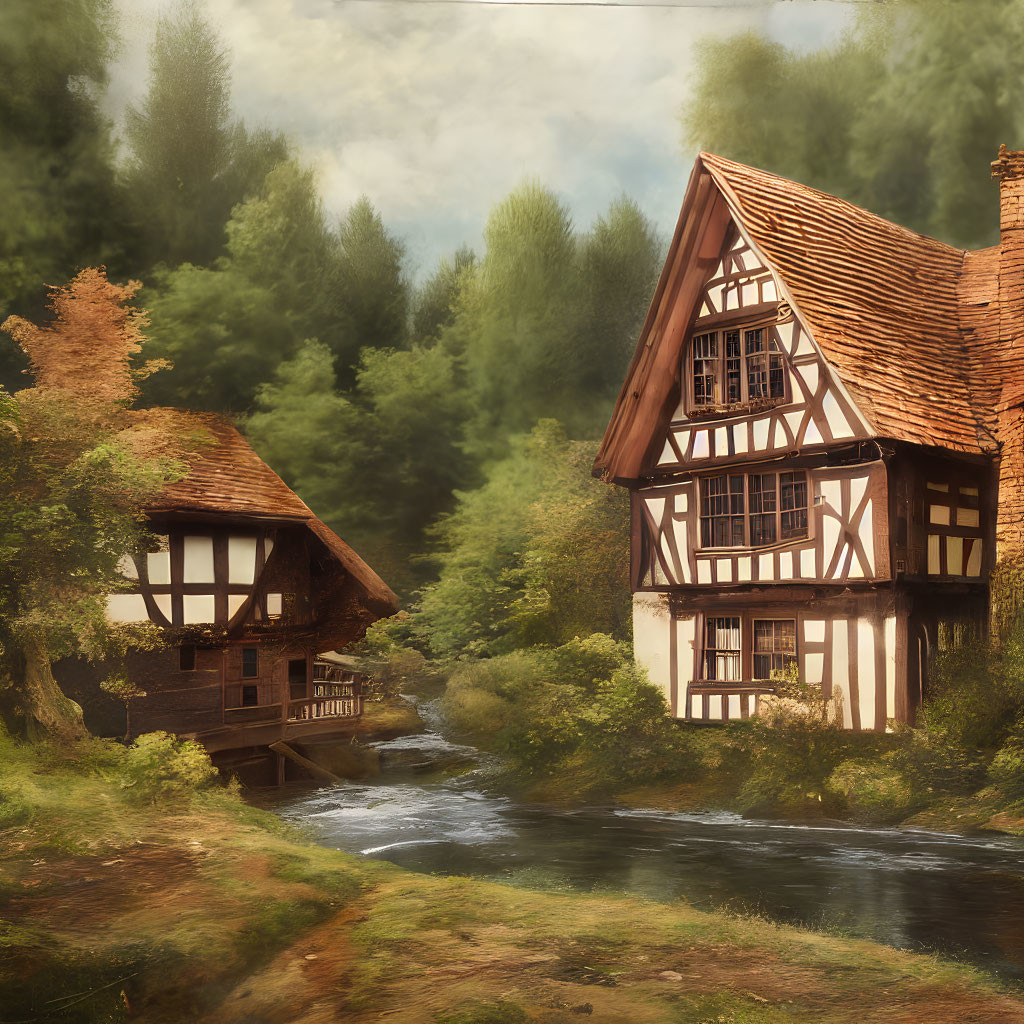 Tranquil scene of half-timbered houses in lush greenery by a stream