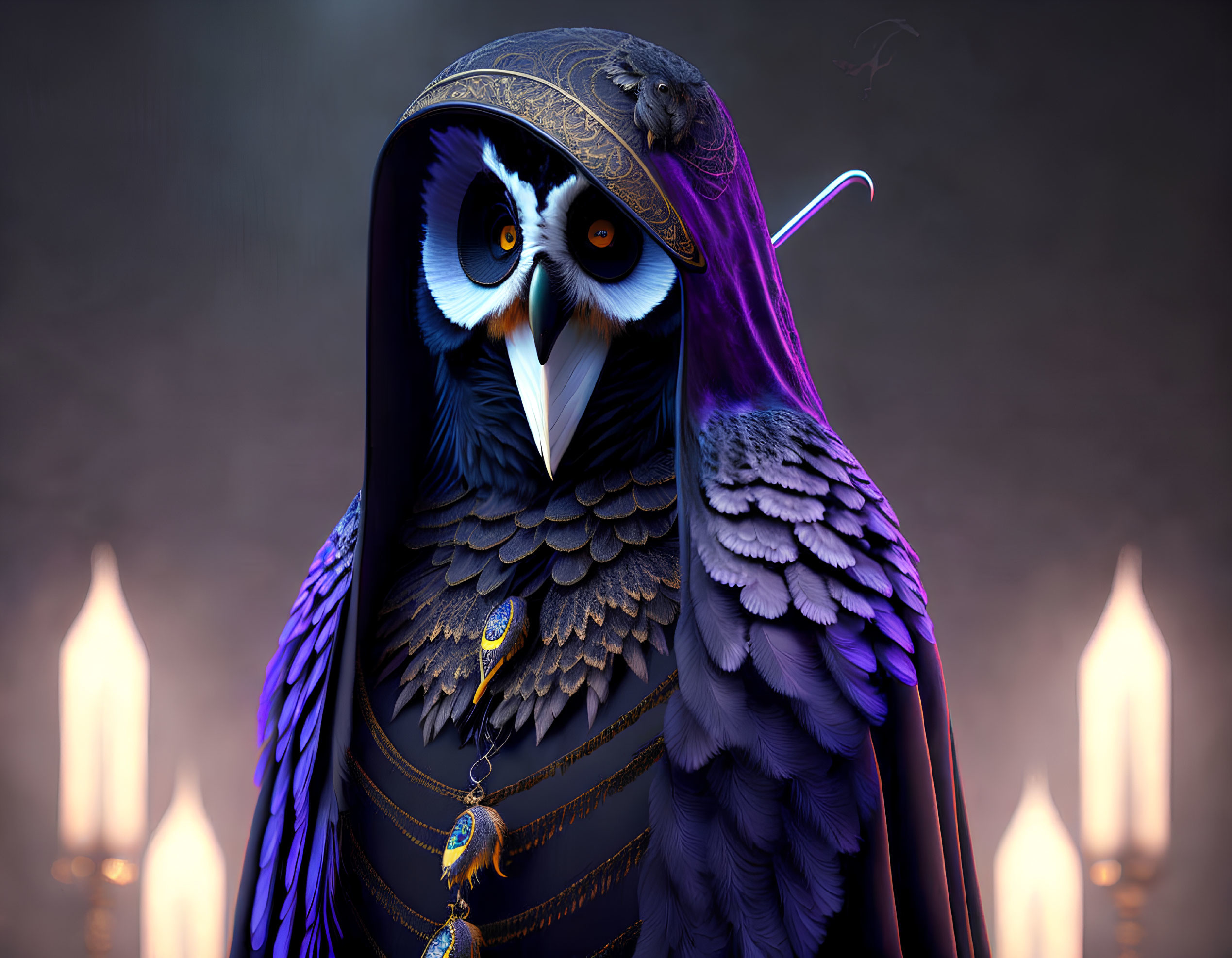 Detailed anthropomorphic owl with ornate headdress and candles