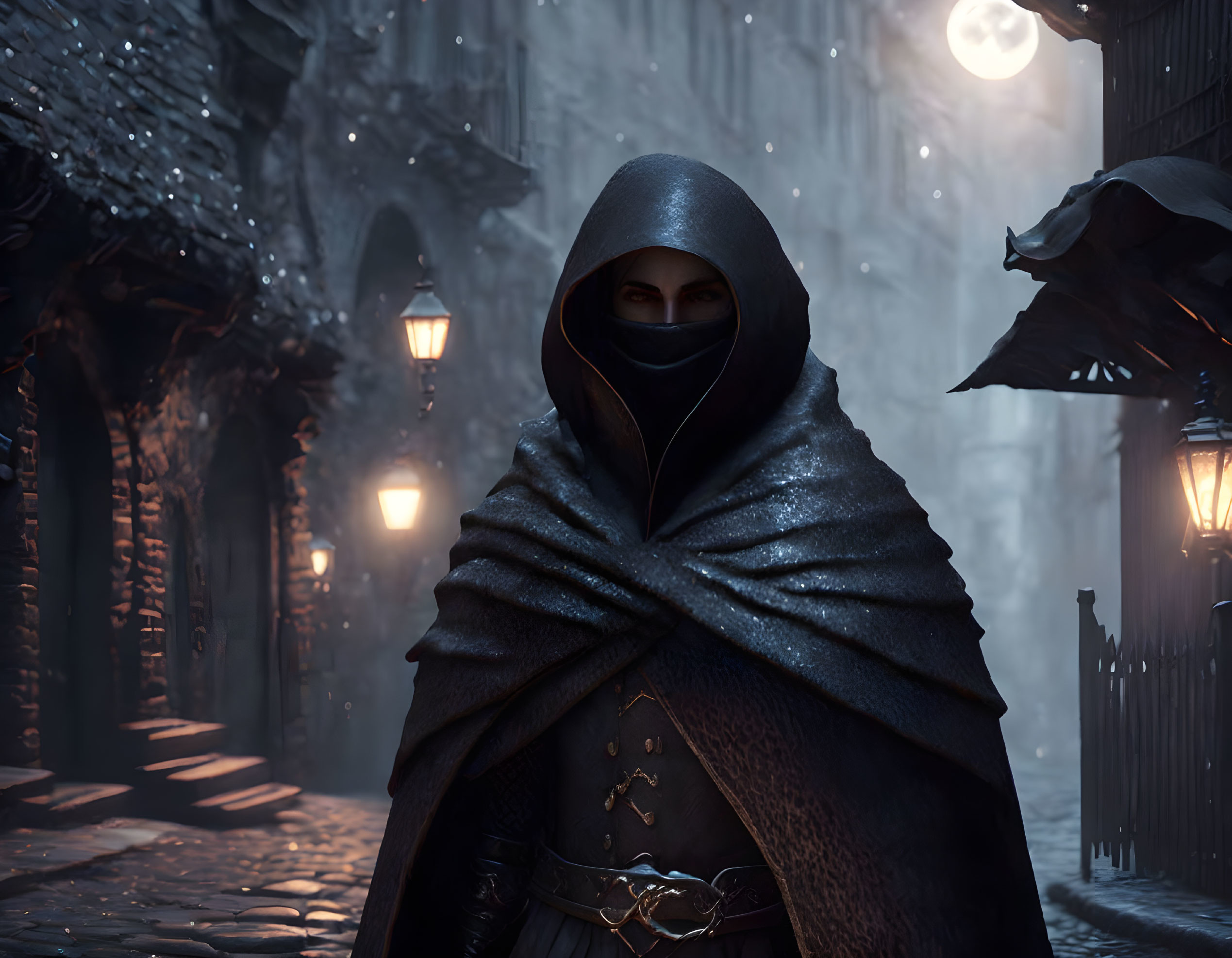 Mysterious cloaked figure in dimly lit medieval alleyway