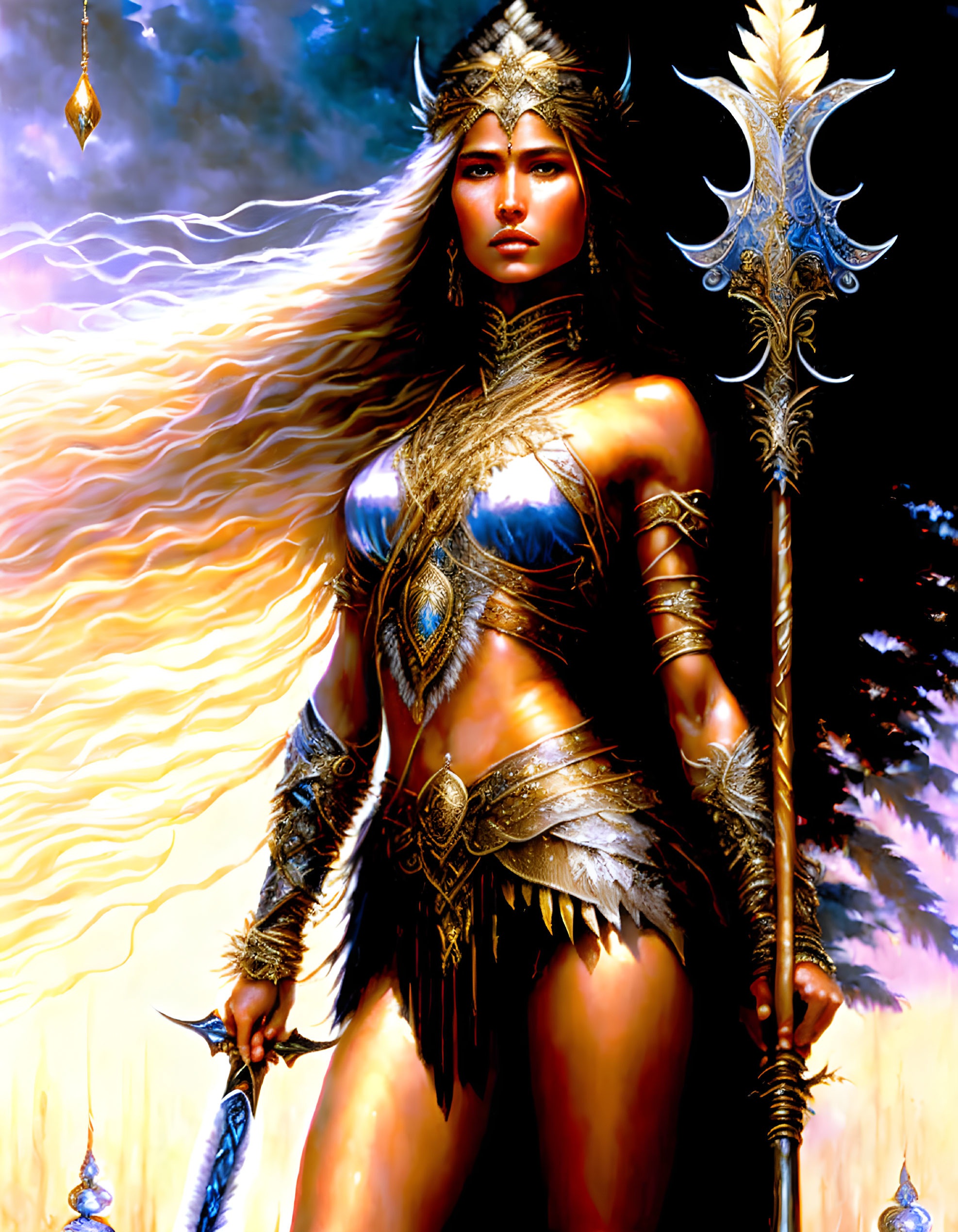 Warrior woman in ornate armor with halberd against fiery sky