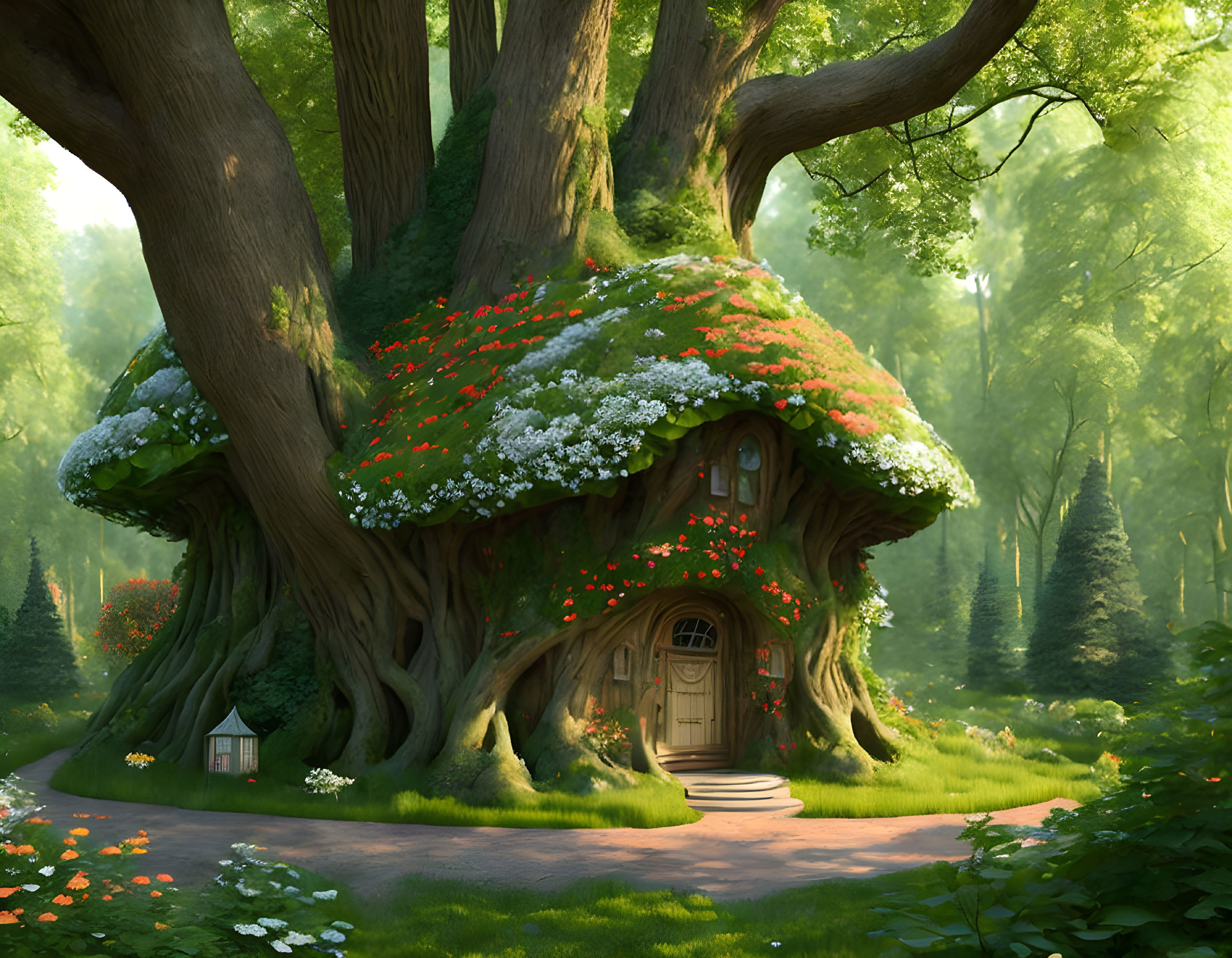 Illustration of large tree with cozy house, lush greenery, blooming flowers