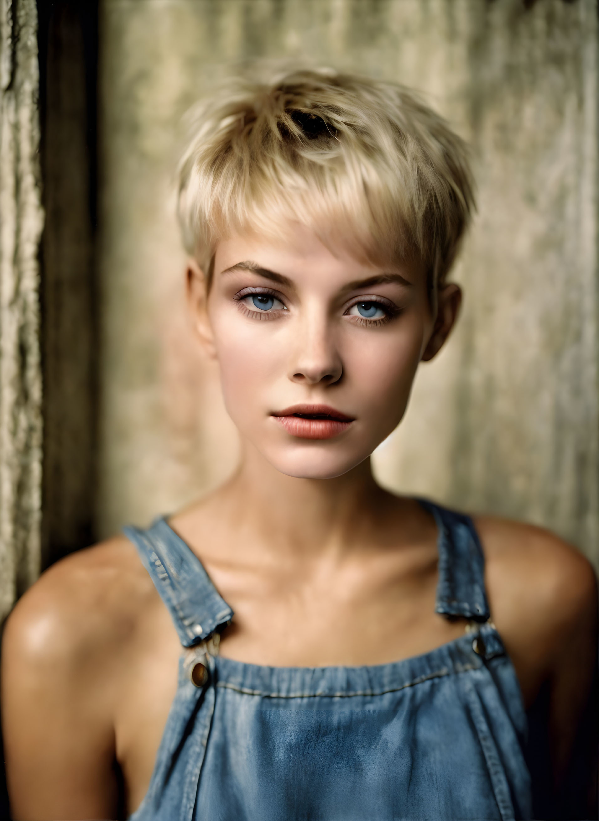 Blonde Woman in Denim Overalls on Wooden Background