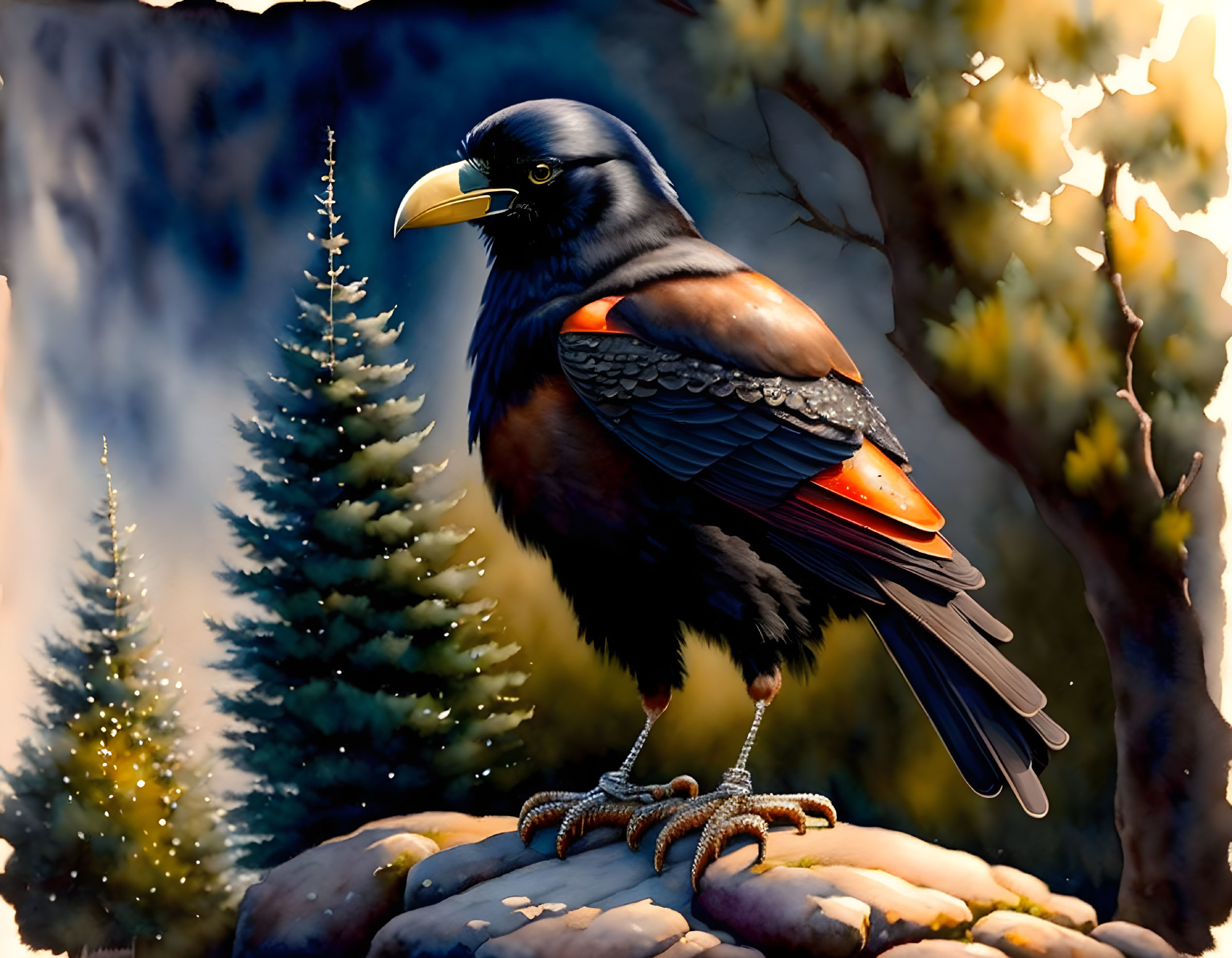 Black bird with orange accents perched on rock amidst pine trees