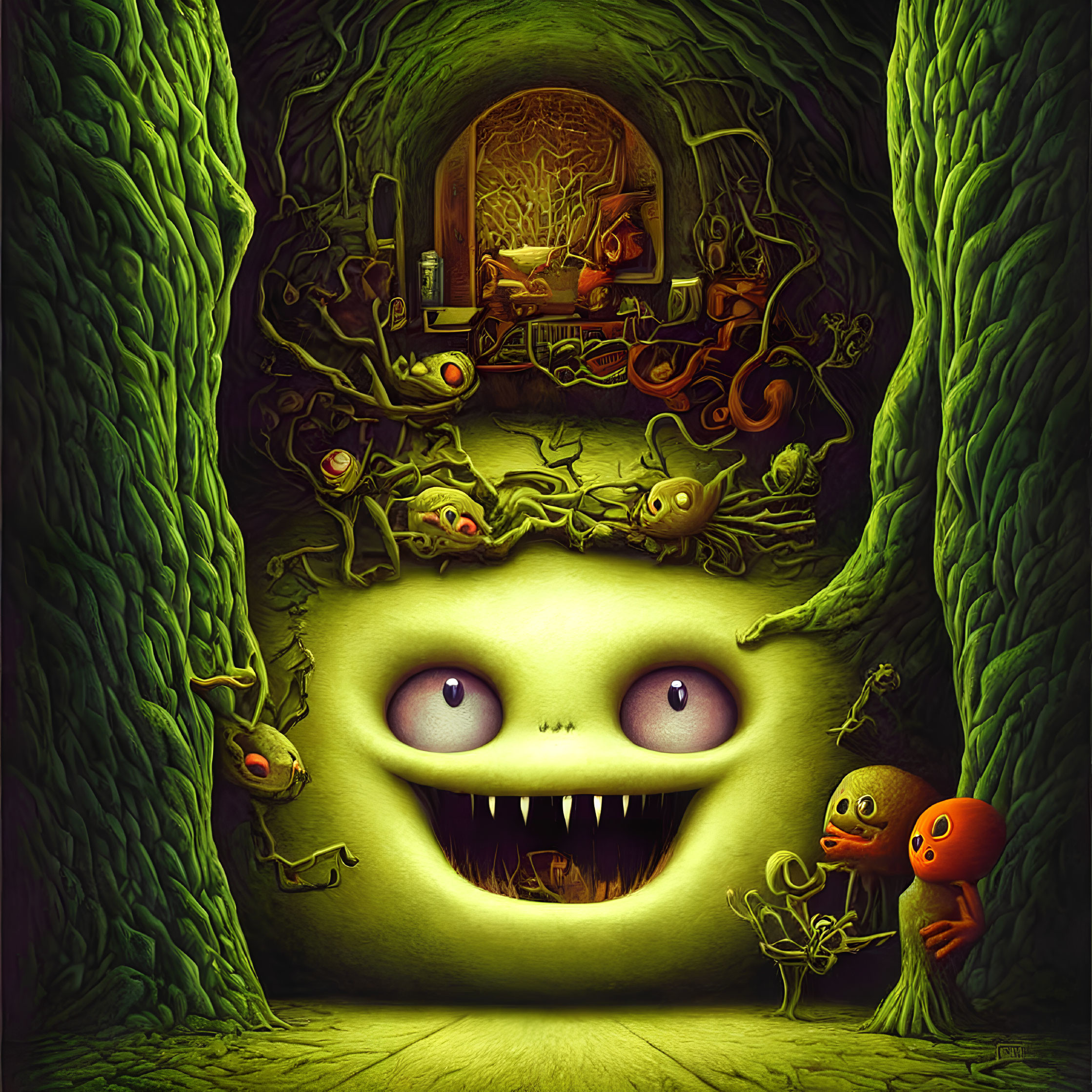 Whimsical illustration of large friendly monster face with cavern mouth, surrounded by creatures and greenery