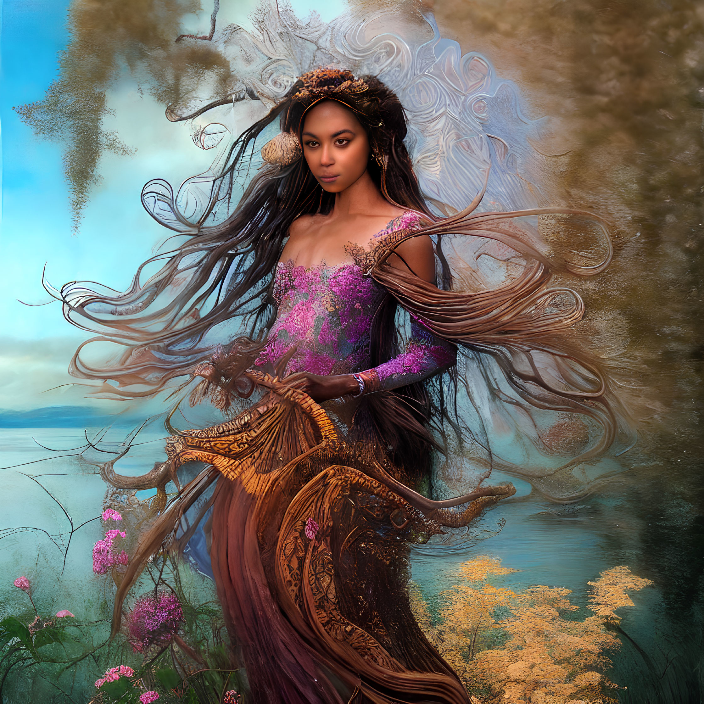 Fantastical woman in ornate dress by serene water and flowers