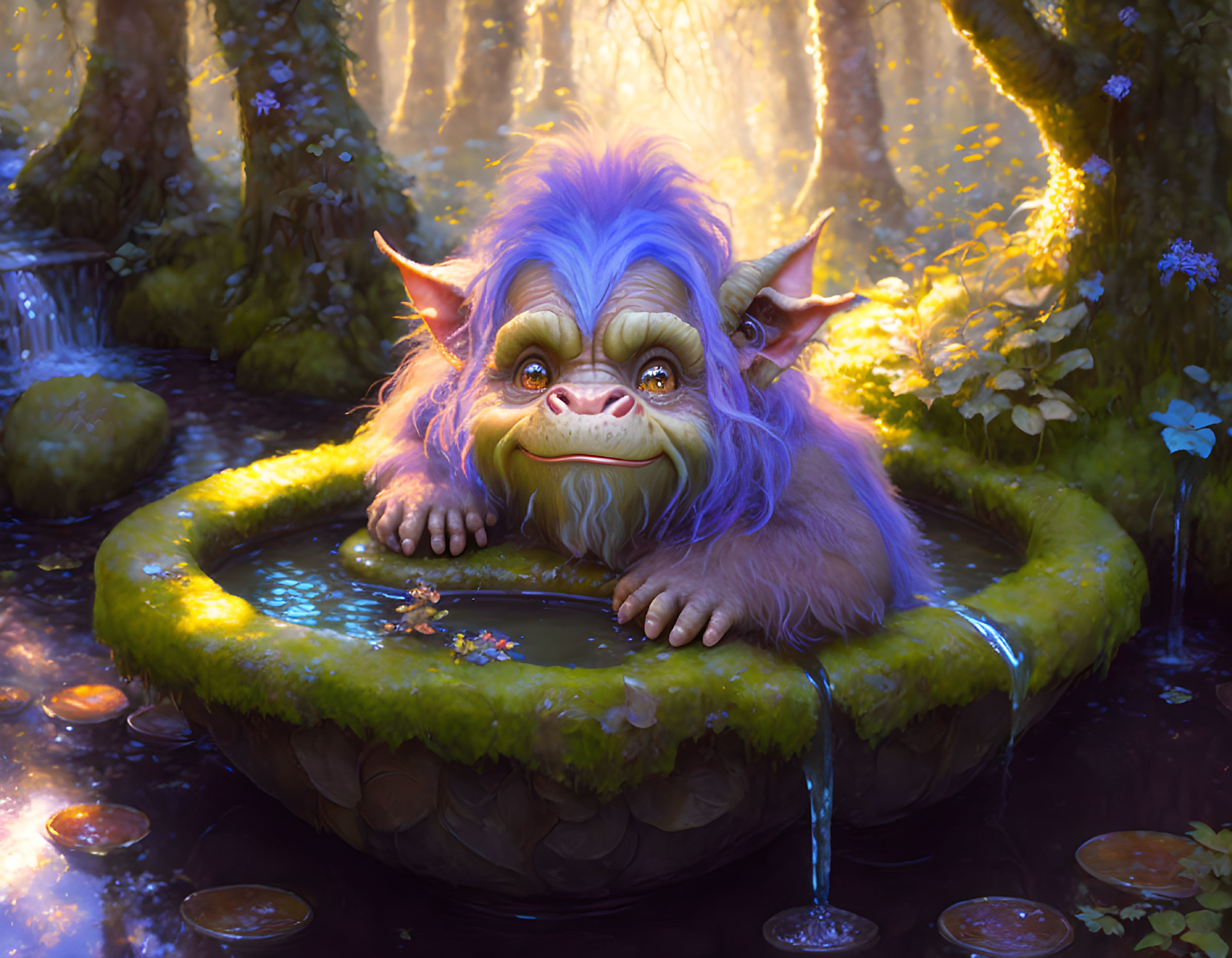 Purple-haired creature with large ears in moss-covered well in enchanted forest