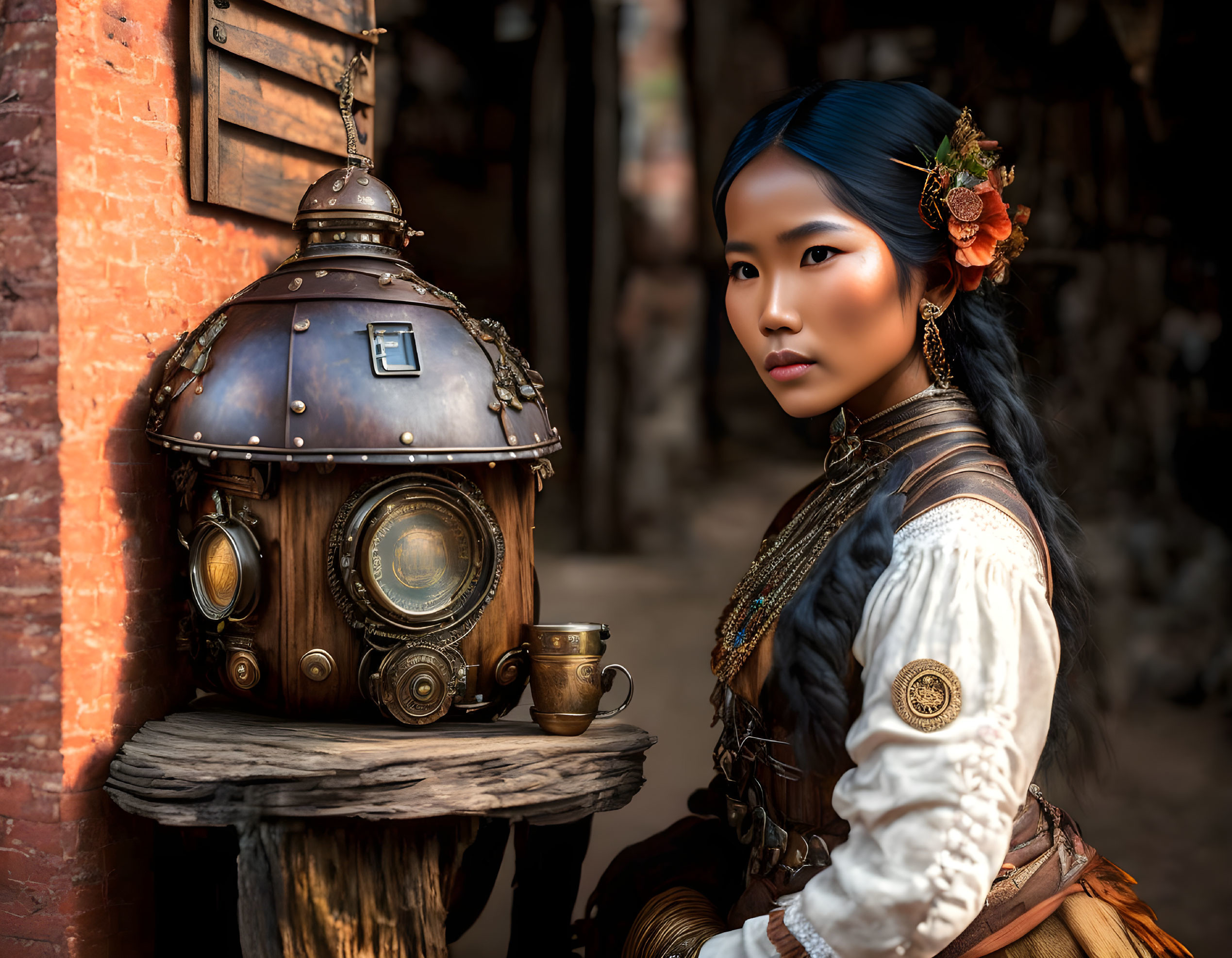 Steampunk woman with unique helmet in old-world setting