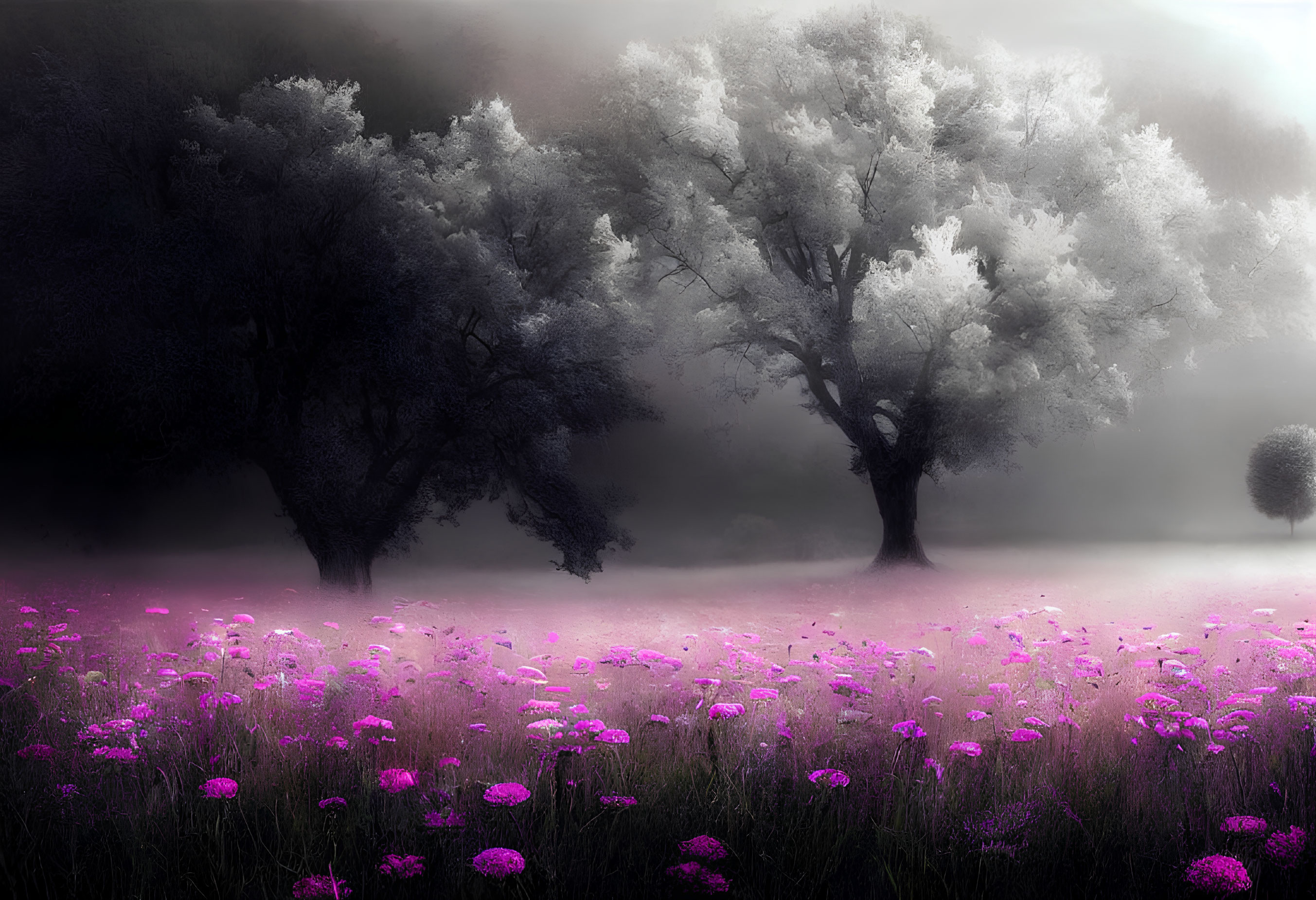 Mystical landscape with silhouetted trees and purple flowers