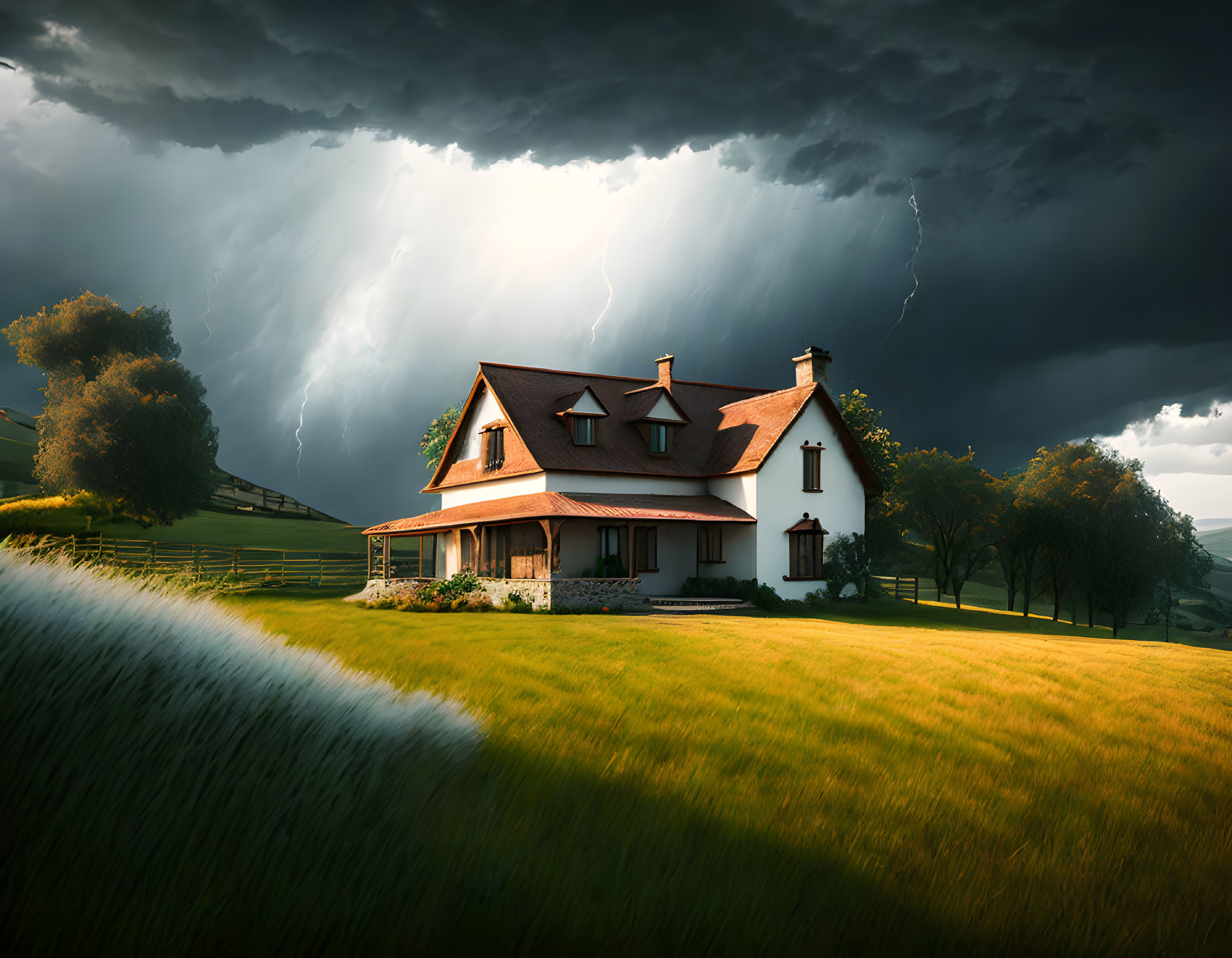 Red-roofed countryside house under dramatic stormy sky