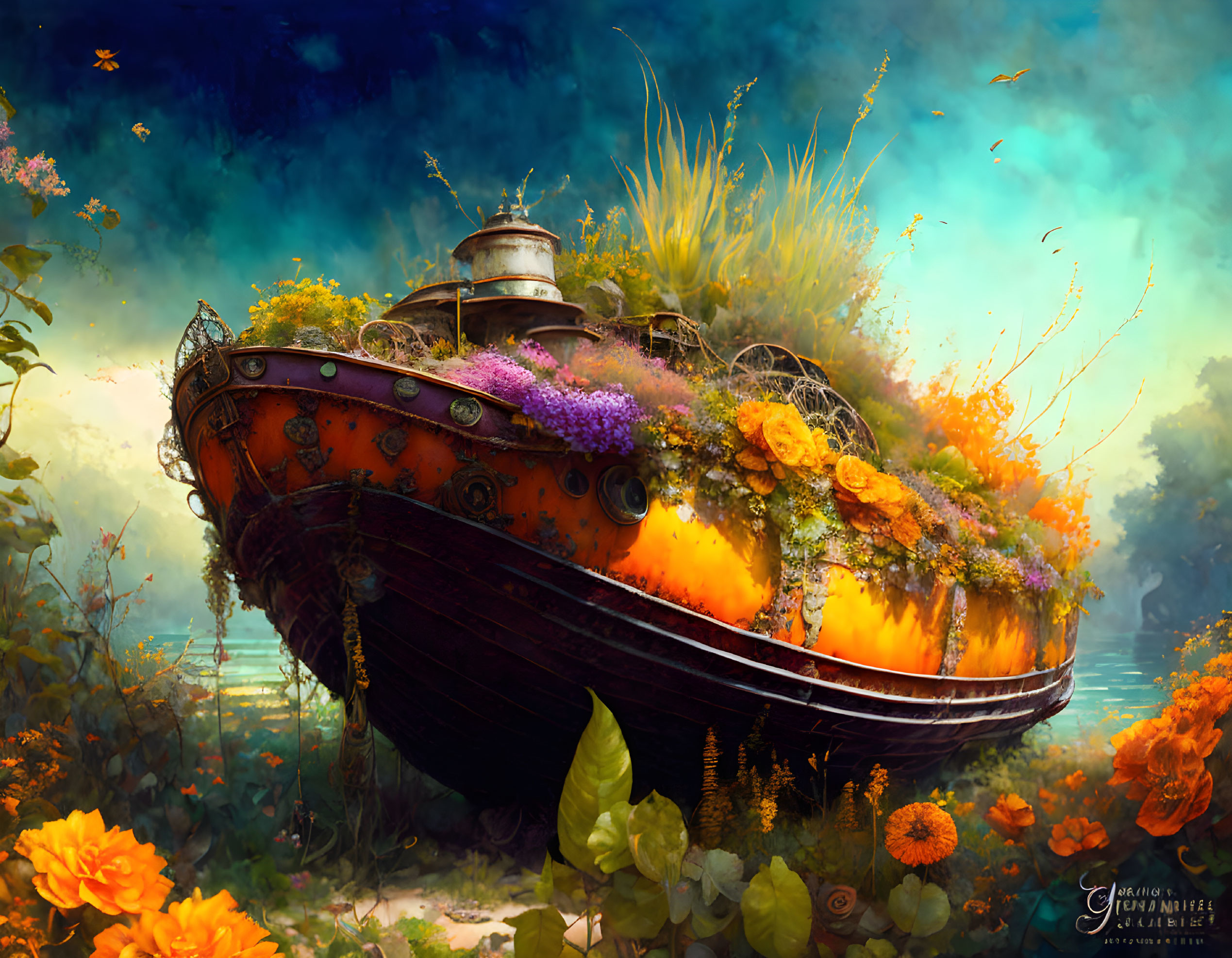 Weathered boat covered in flowers against blue sky with floating petals