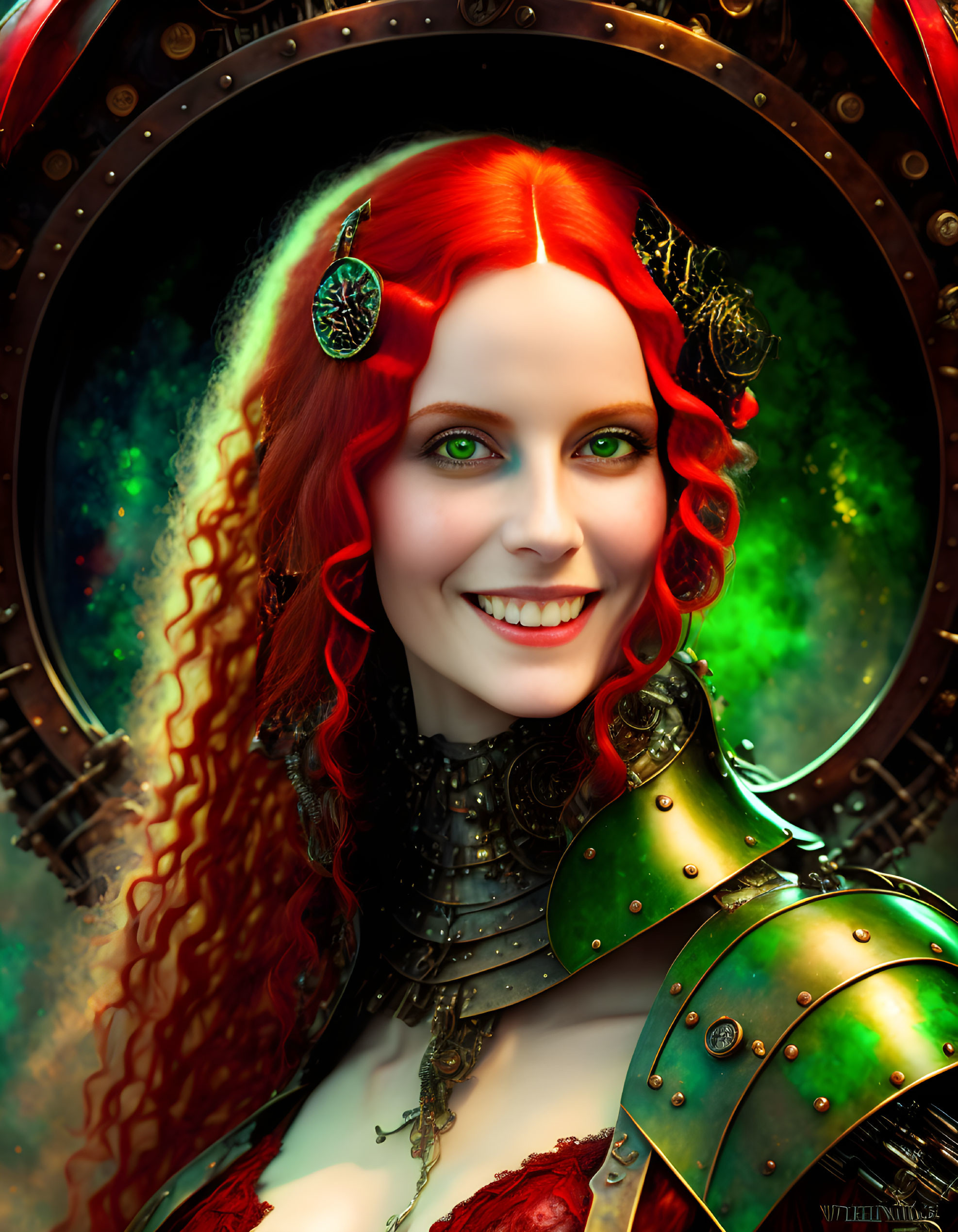 Digital portrait of a woman with red curly hair, emerald eyes, in fantasy armor with cosmic backdrop