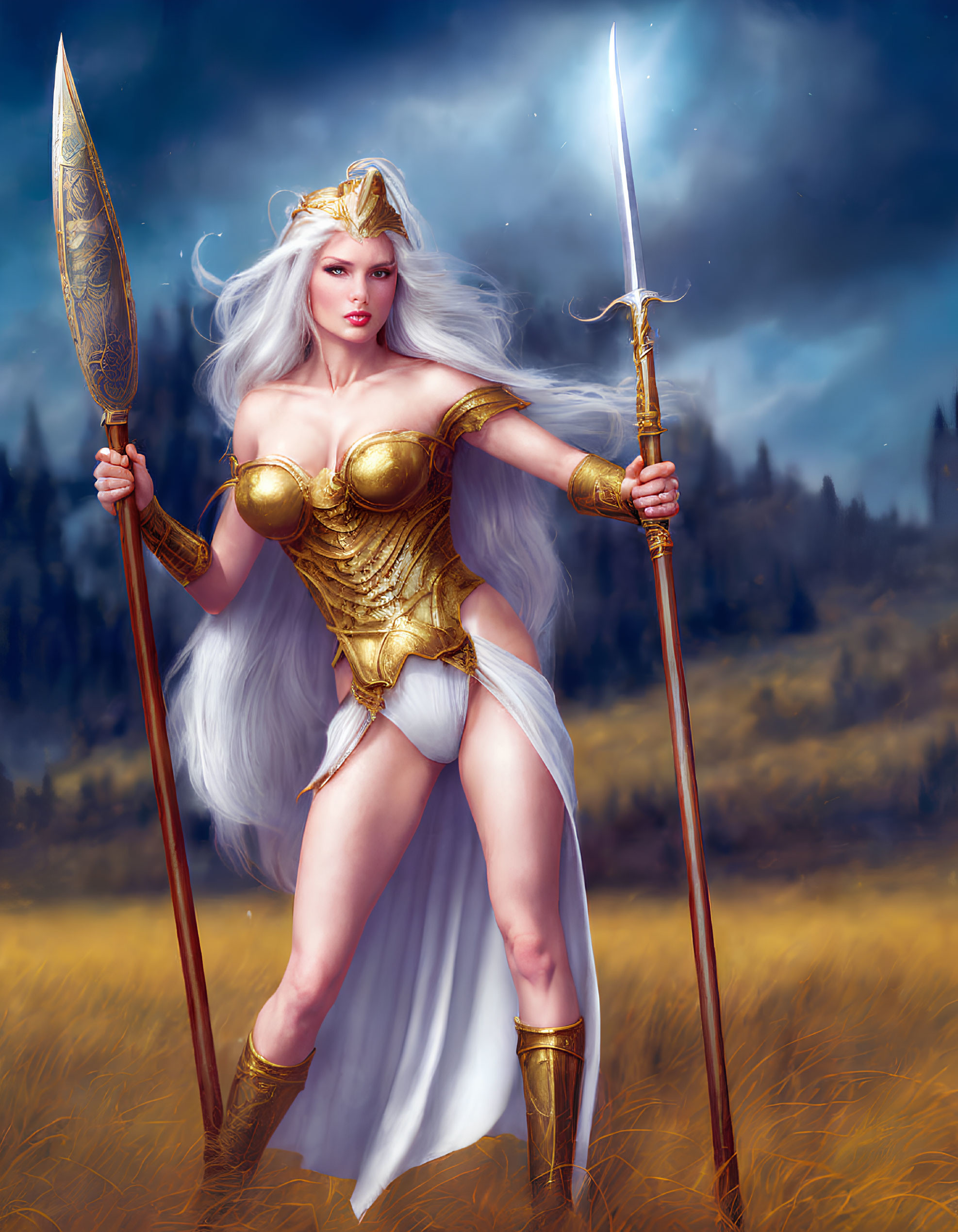 Majestic female warrior with white hair, golden crown, and spear in stormy field