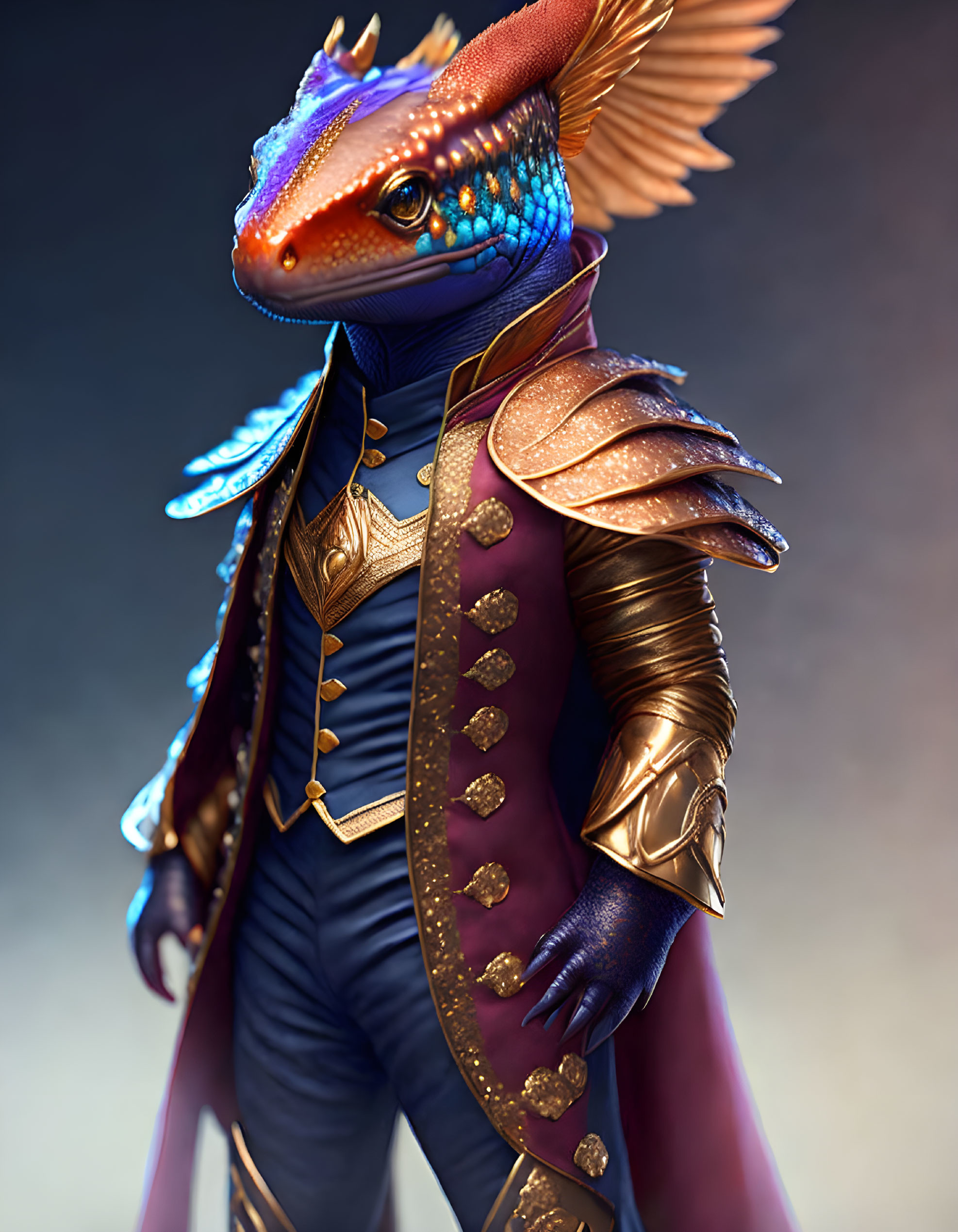 Blue and Red Dragon in Elegant Golden Armor and Regal Blue Coat