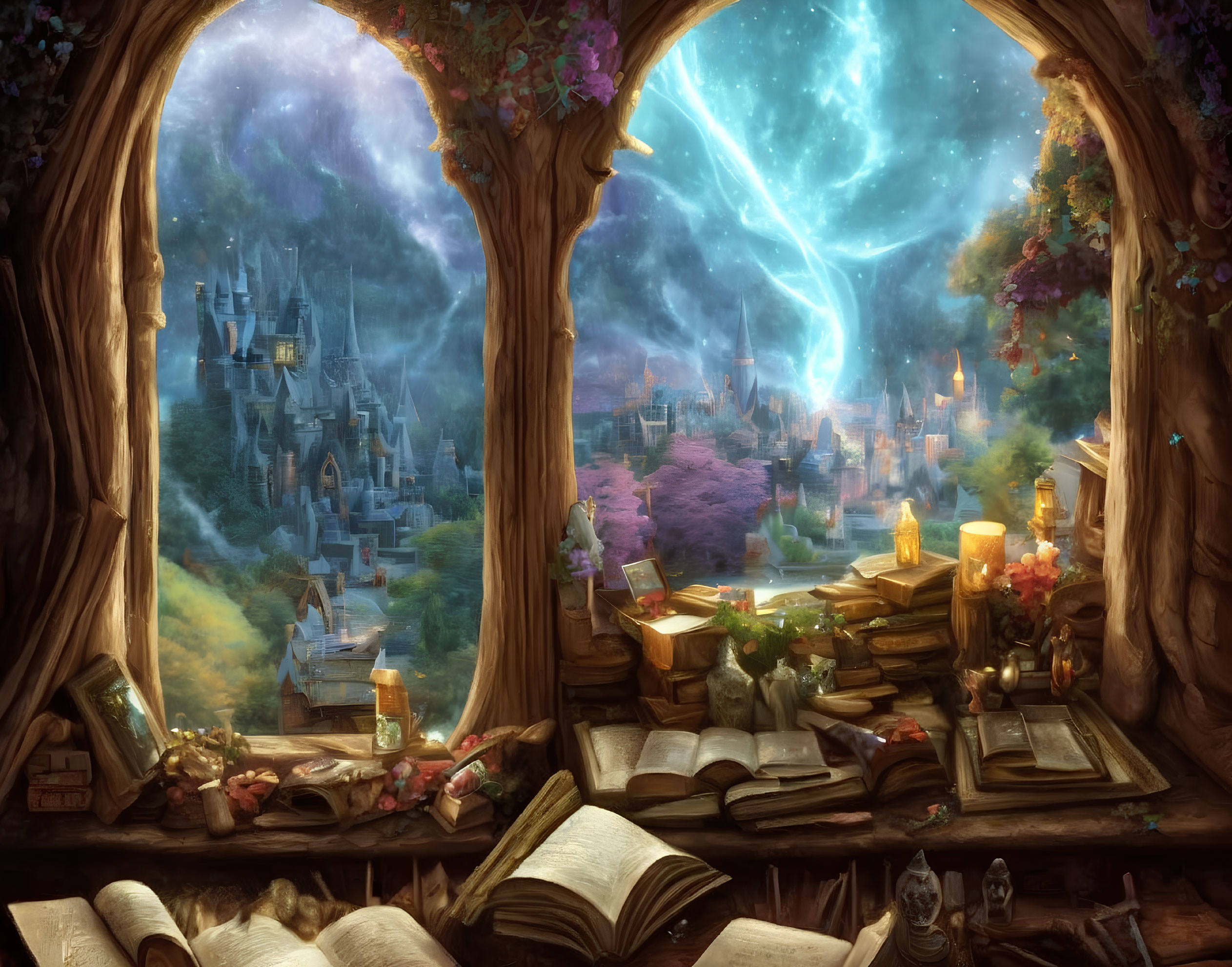 Fantasy castle scene with cosmic sky and books frame