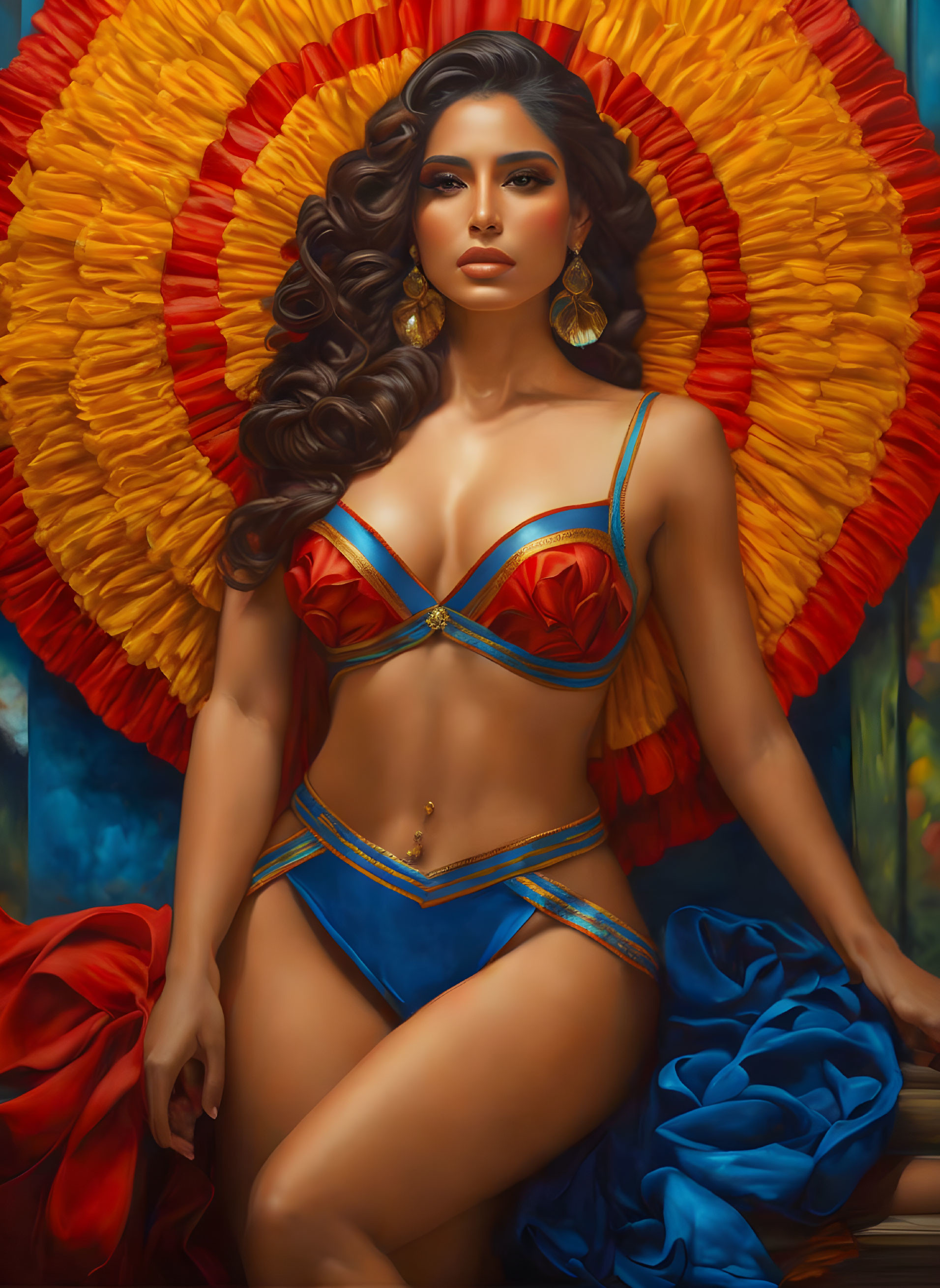 Regal woman in golden headpiece and colorful bikini on vibrant backdrop