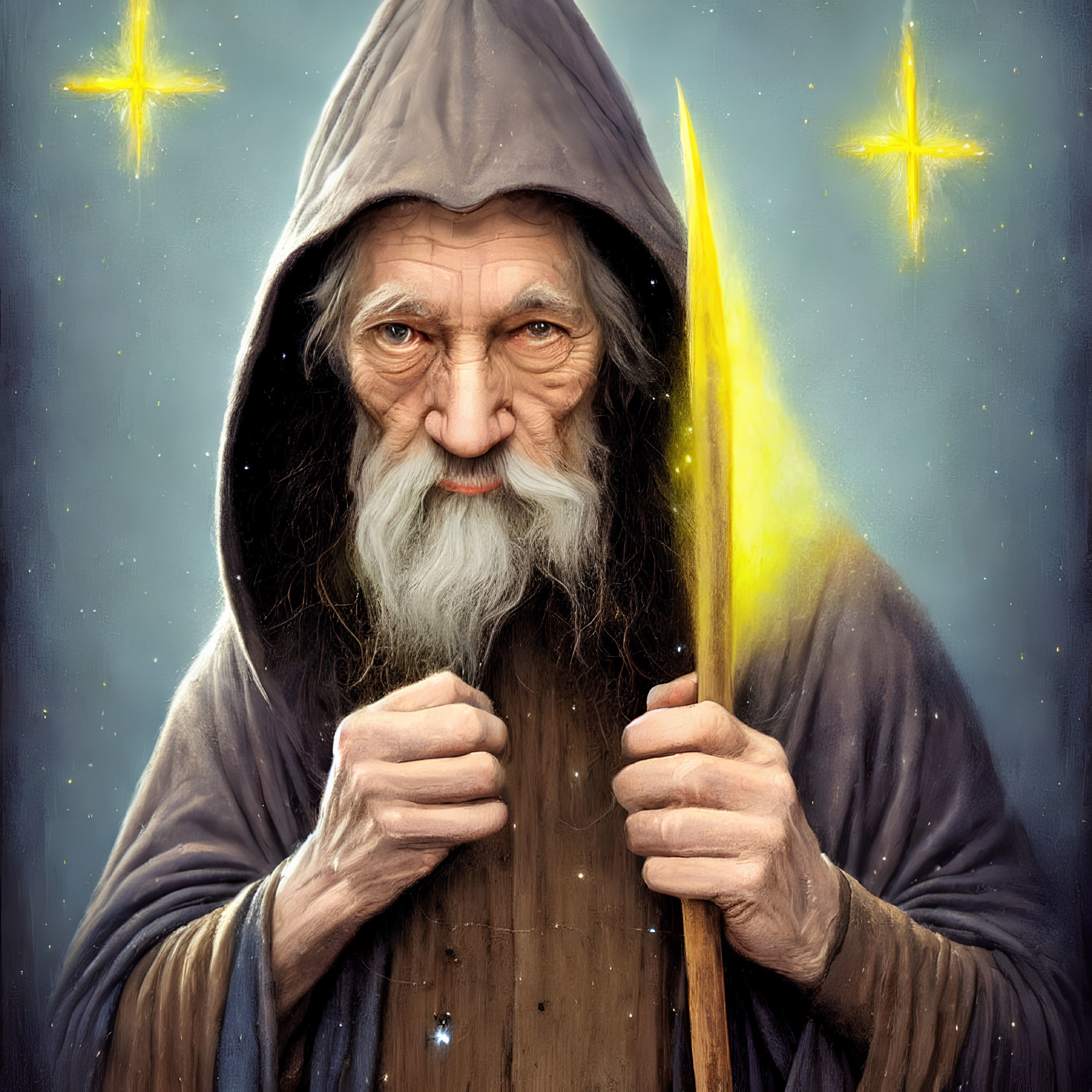 Elderly wizard in grey robe with glowing staff and stars background